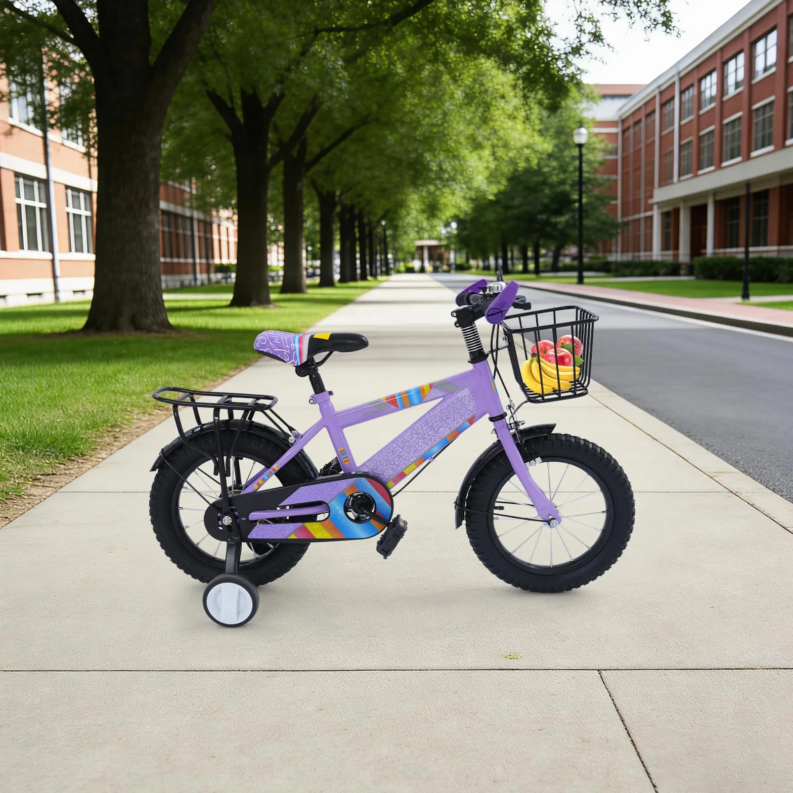 Bicicleta infantil 14 pulgadas con asiento trasero y cesta, ruedas estabilizadoras, altura regulable, acero resistente