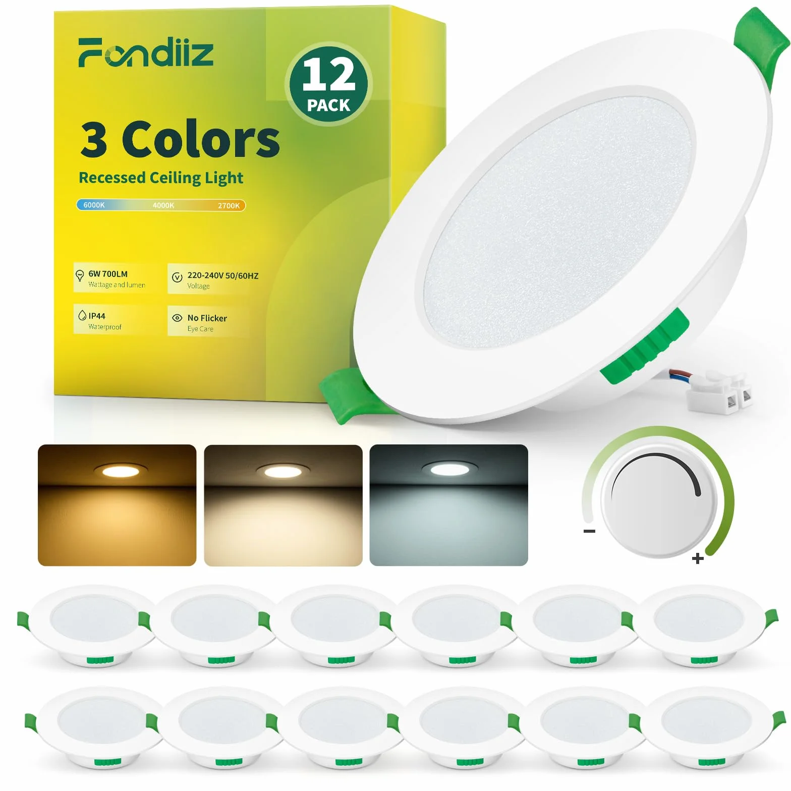 Fondiiz 12 Pack Focos LED Interior Techo Regulable 6W Downlight IP44, Corte 75mm-90mm, Diámetro 98mm