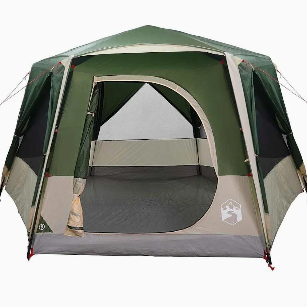 Tienda familiar para 5 personas, verde, 185T poliéster, 333 x 317 x 194 cm, resistente a los rayos UV, impermeable, con bolsa de transporte para camping