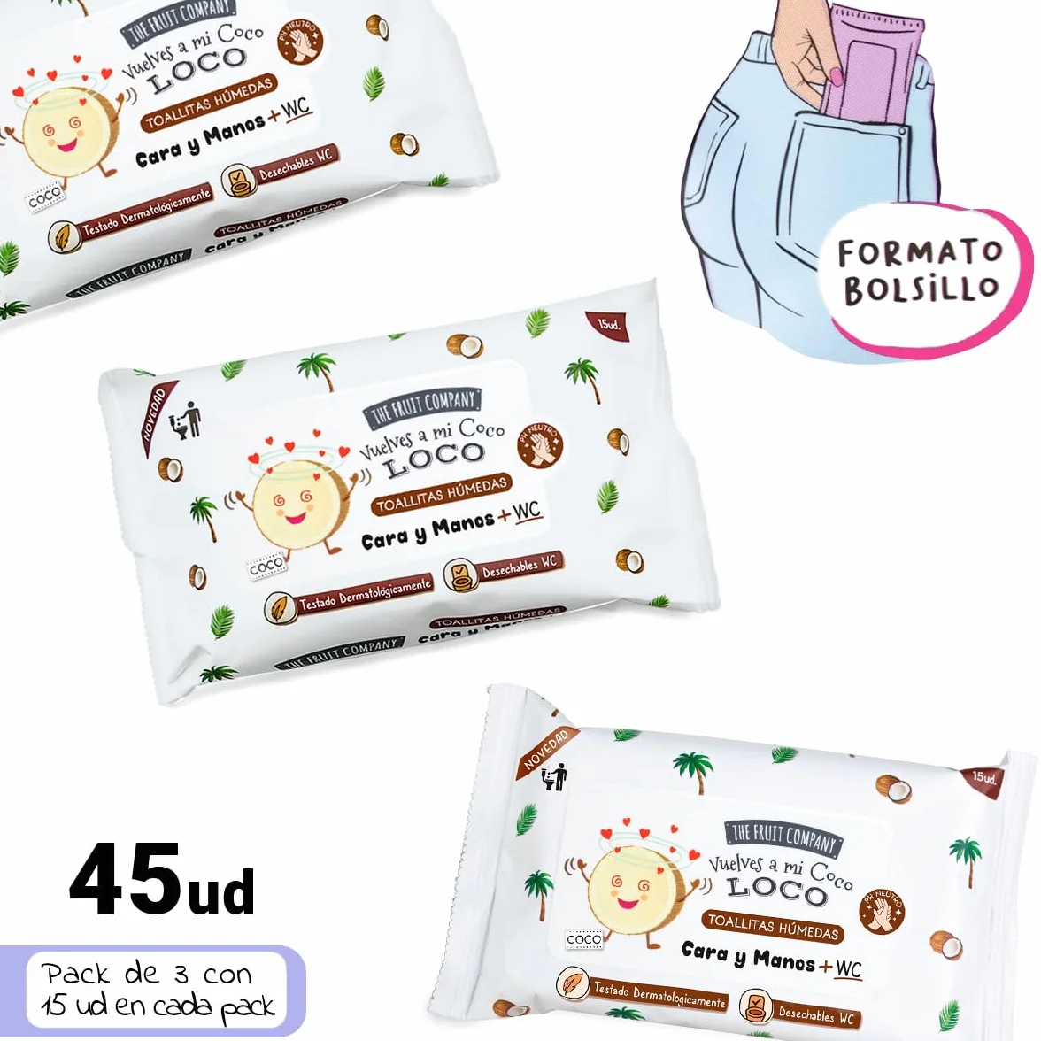 Toallitas Húmedas COCO Manos y Cara WC Formato Bolsillo Pack 3 - The Fruit Company