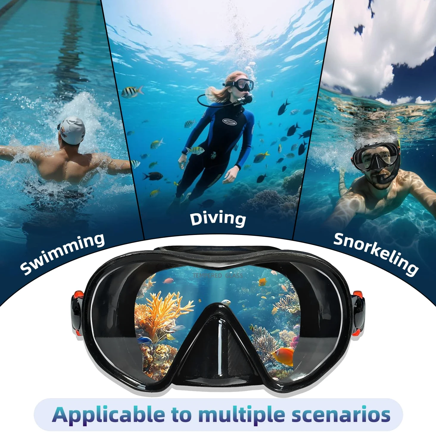 M105 - Máscara de buceo panorámica HD de silicona, antivaho de 180°, gafas de buceo de vidrio templado, gafas de buceo para adultos y jóvenes, gafas de natación para buceo, esnórquel, natación con