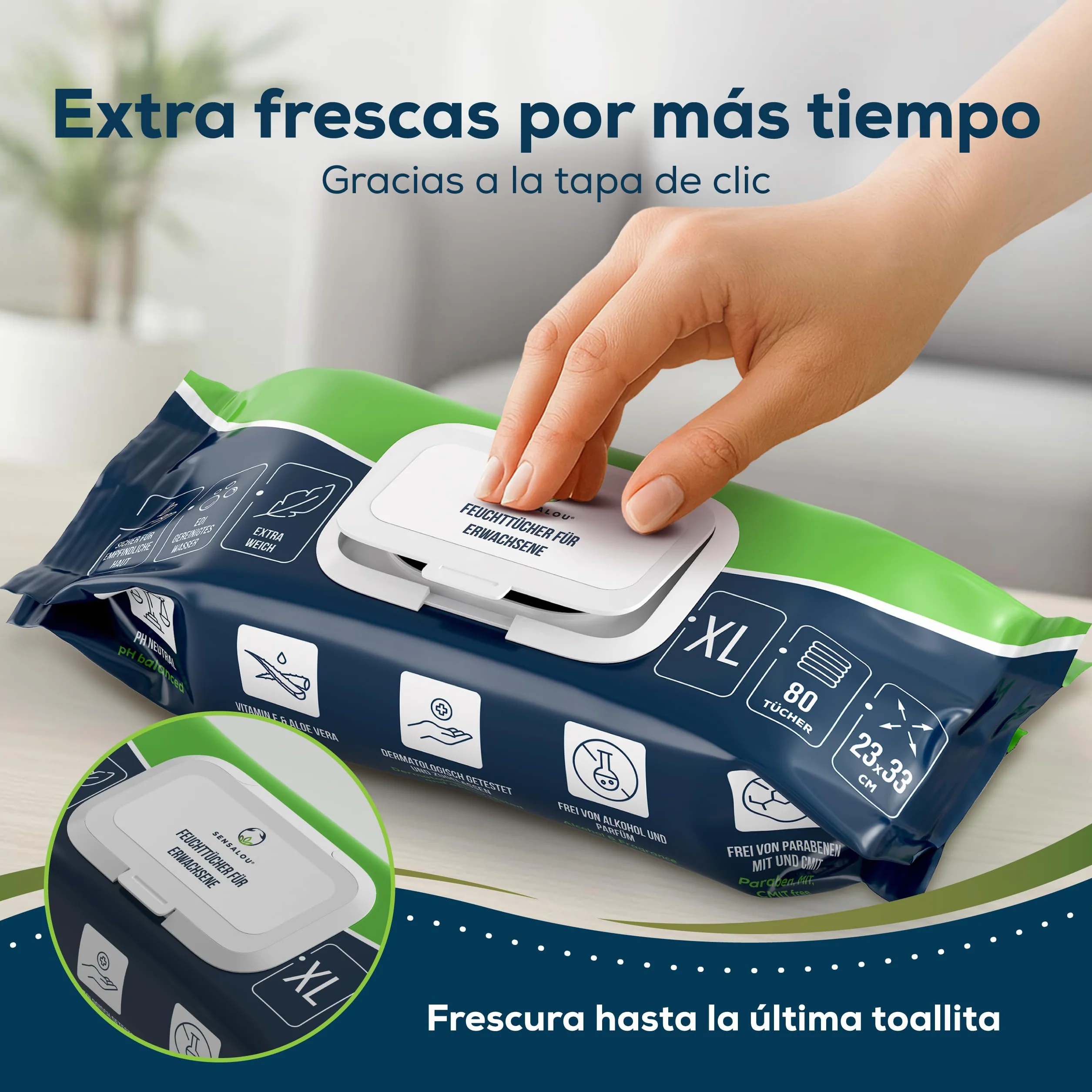 Sensalou Toallitas Húmedas XXL 23x33 cm 80 Unidades Sin Alcohol