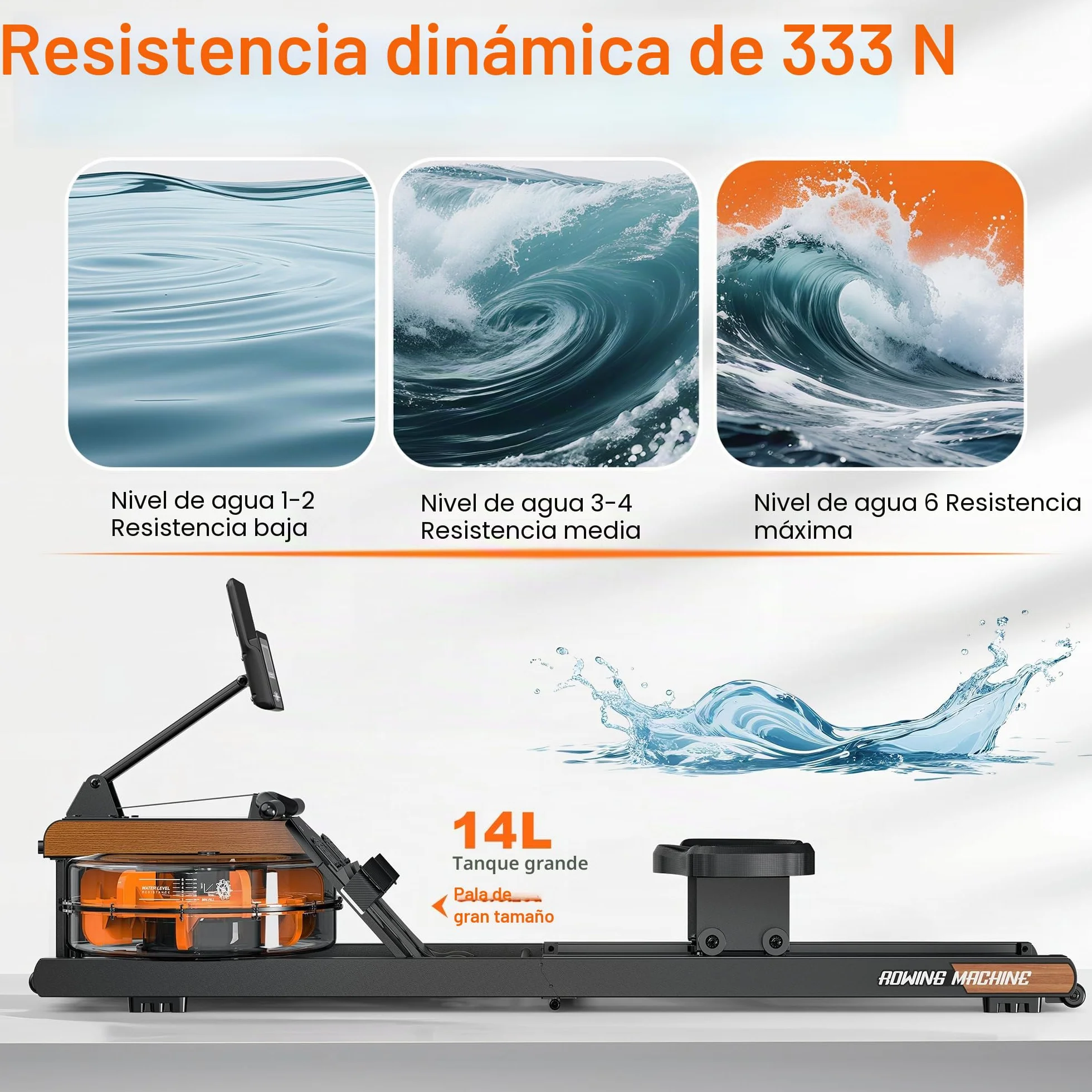 Máquina de Remo, Máquina de Remo de Agua con Monitor Bluetooth y Soporte para Tableta Ajustable, Máquina de Remo Plegable, Máquinas de Remo Capacidad de Peso 160 kg, Fácil Montaje