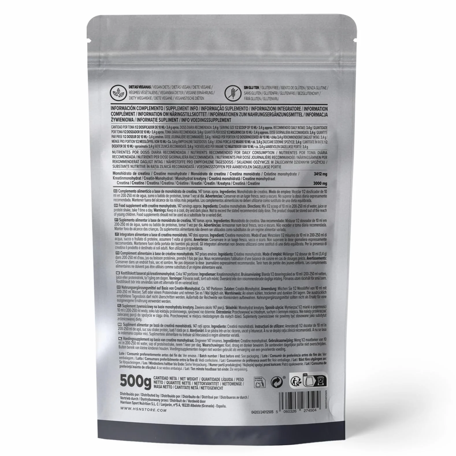 HSN Creatina Monohidrato Micronizada 500g 100% Pura Sin Sabor Vegana Sin Gluten Alta Solubilidad