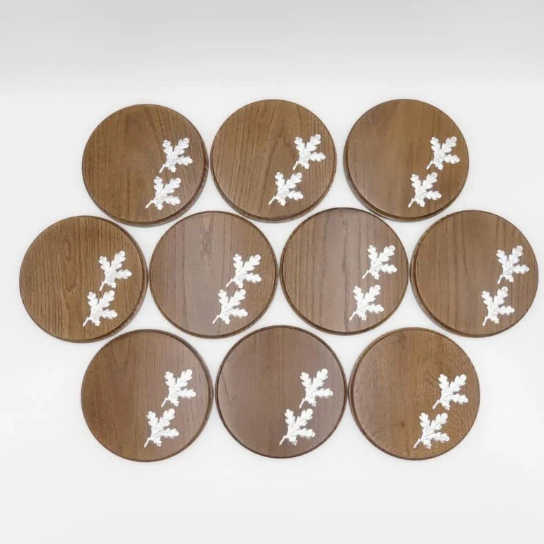 Generisch 10 placas de cuña redondas marrón AF 17 cm con 20 hojas de aluminio de roble, tablas de cuña, tabla de especias, cartel trofeo.