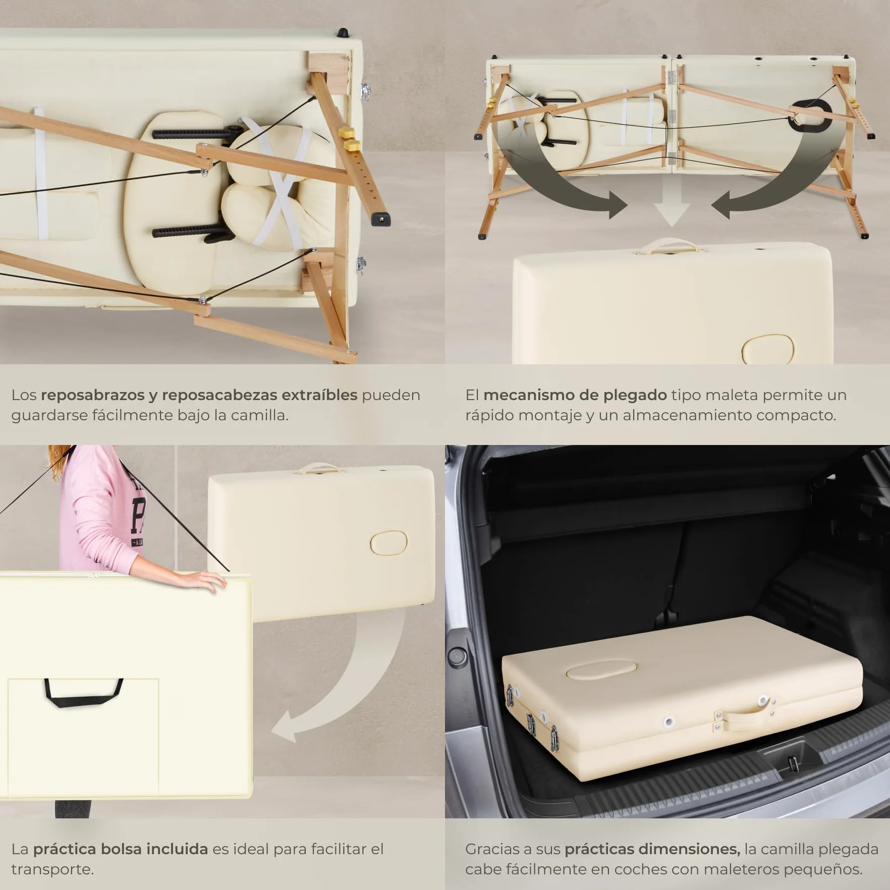 Camilla Masaje Plegable Profesional de Aluminio para Fisioterapia, Quiromasaje, Tatuajes, Reiki, Altura Ajustable, 2 Zonas, con Bolsa Transporte - Beige