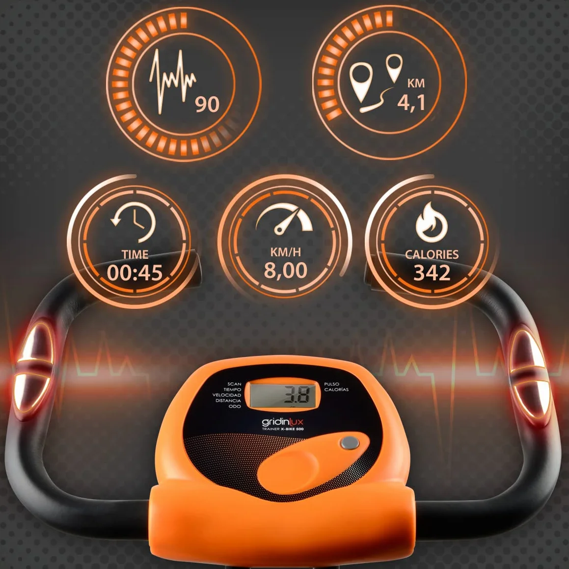 gridinlux, Bicicleta estática Plegable, Transmisión magnética, Doble Manillar, Monitor LCD con Registro actividad, Pulsómetro, Resistencia 8 niveles, Negro y naranja, Alpine X-Bike