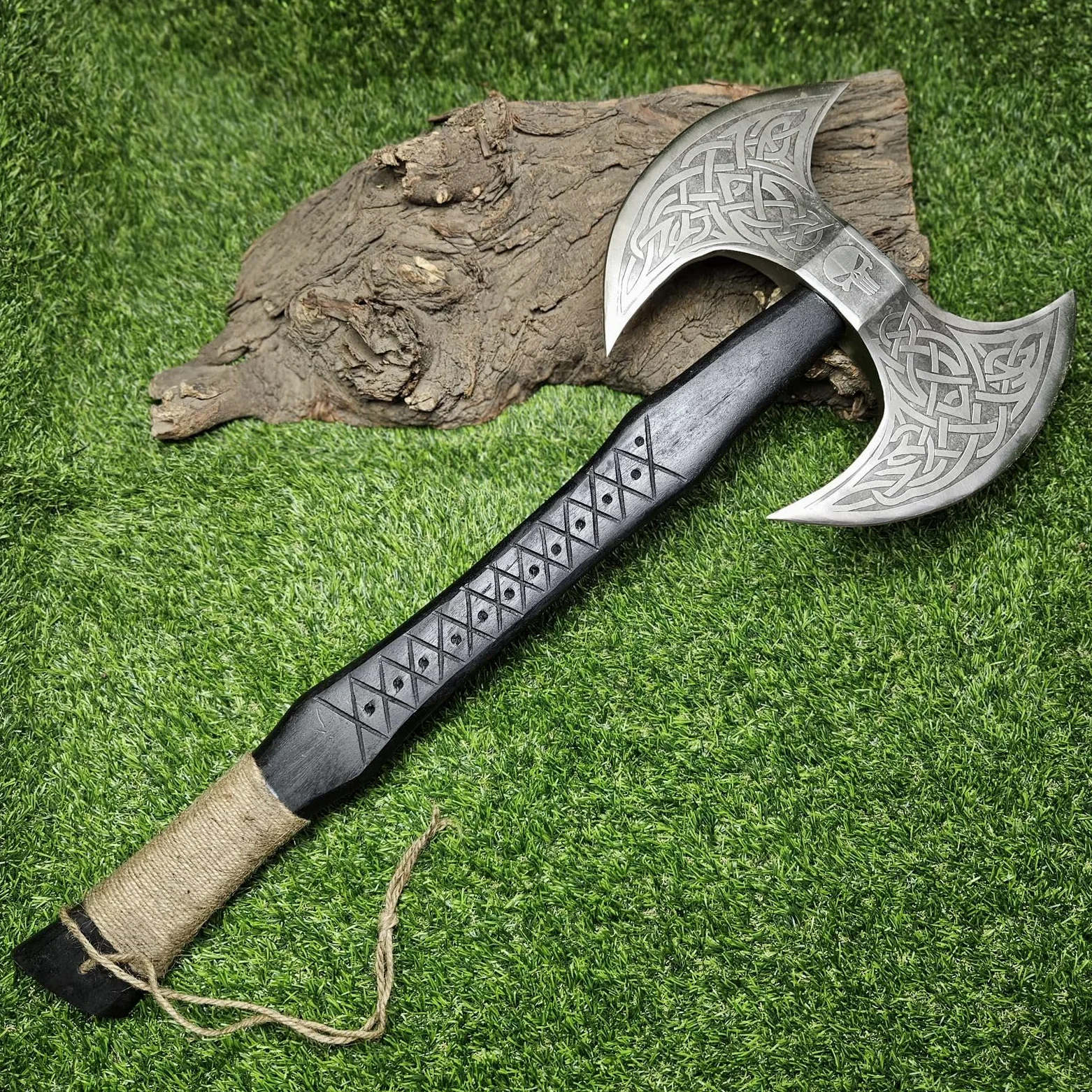 AX-7001 - Hacha vikinga de acero al carbono forjado con eje de madera de rosa, hacha de doble filo
