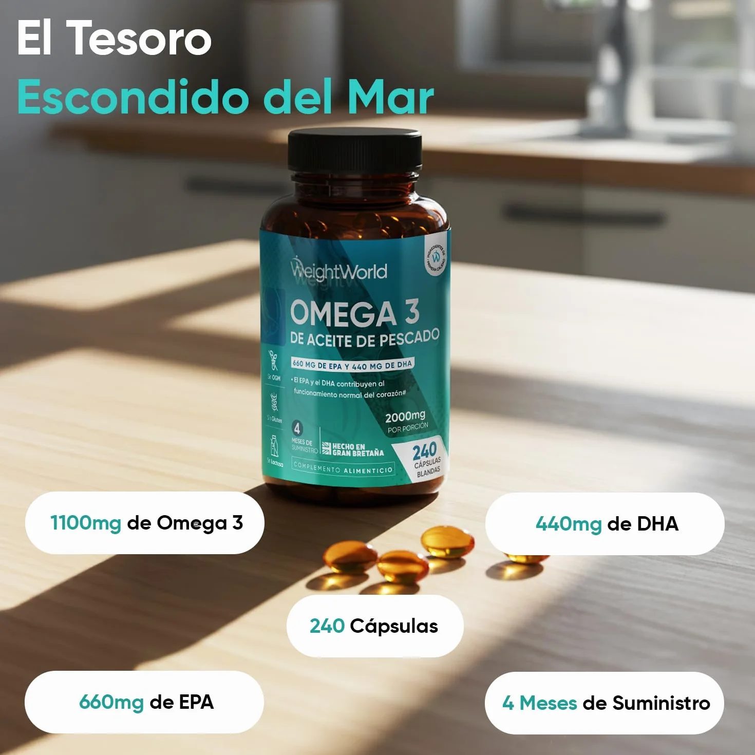 Omega 3 2000mg 240 Perlas de Aceite de Pescado EPA 660mg DHA 440mg Ácidos Grasos Omega 3 Sin OGM