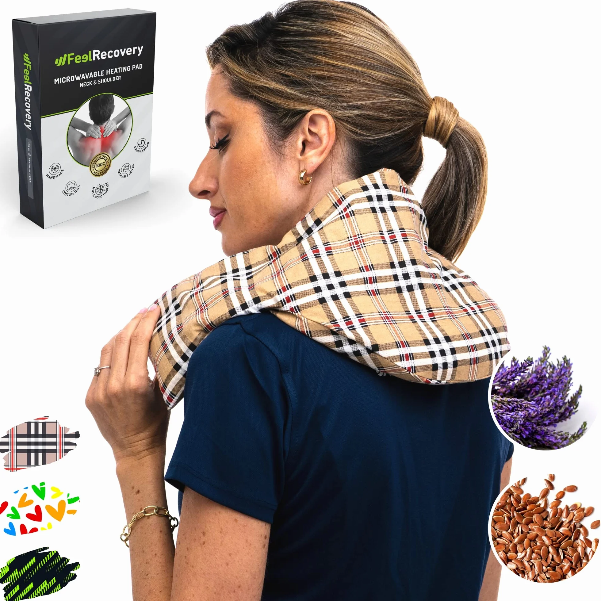 Feel Recovery Saco Térmico Semillas Cervical Almohada Cuello 60x22 cm Microondas Cojín Semillas Funda Lavable Algodón 100% Lavanda Oxford