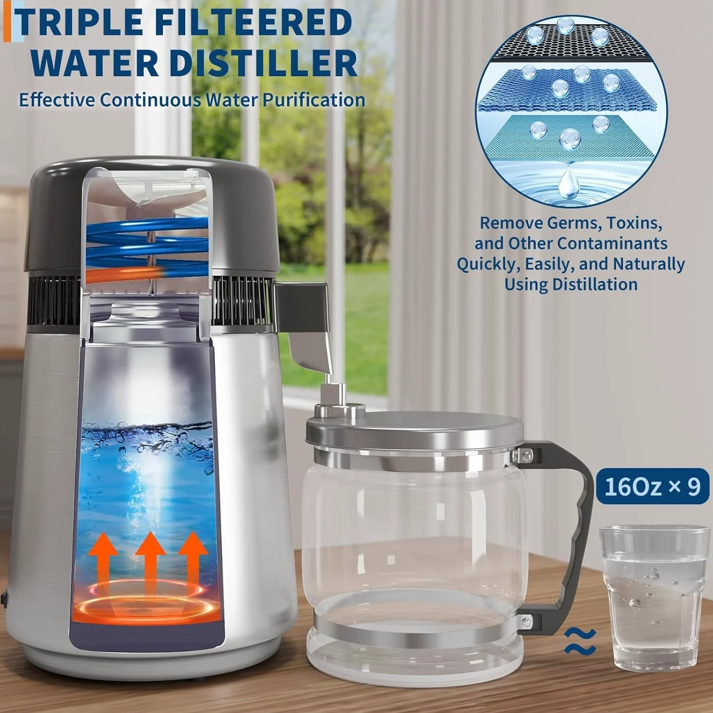 Destilador de agua 4L,1 litro por hora,750W Máquina de agua destilada con apagado automático,Eliminación de impurezas,Interior Acero 304,Purificador de agua portátil para casas,Oficina,Viajes-Plata