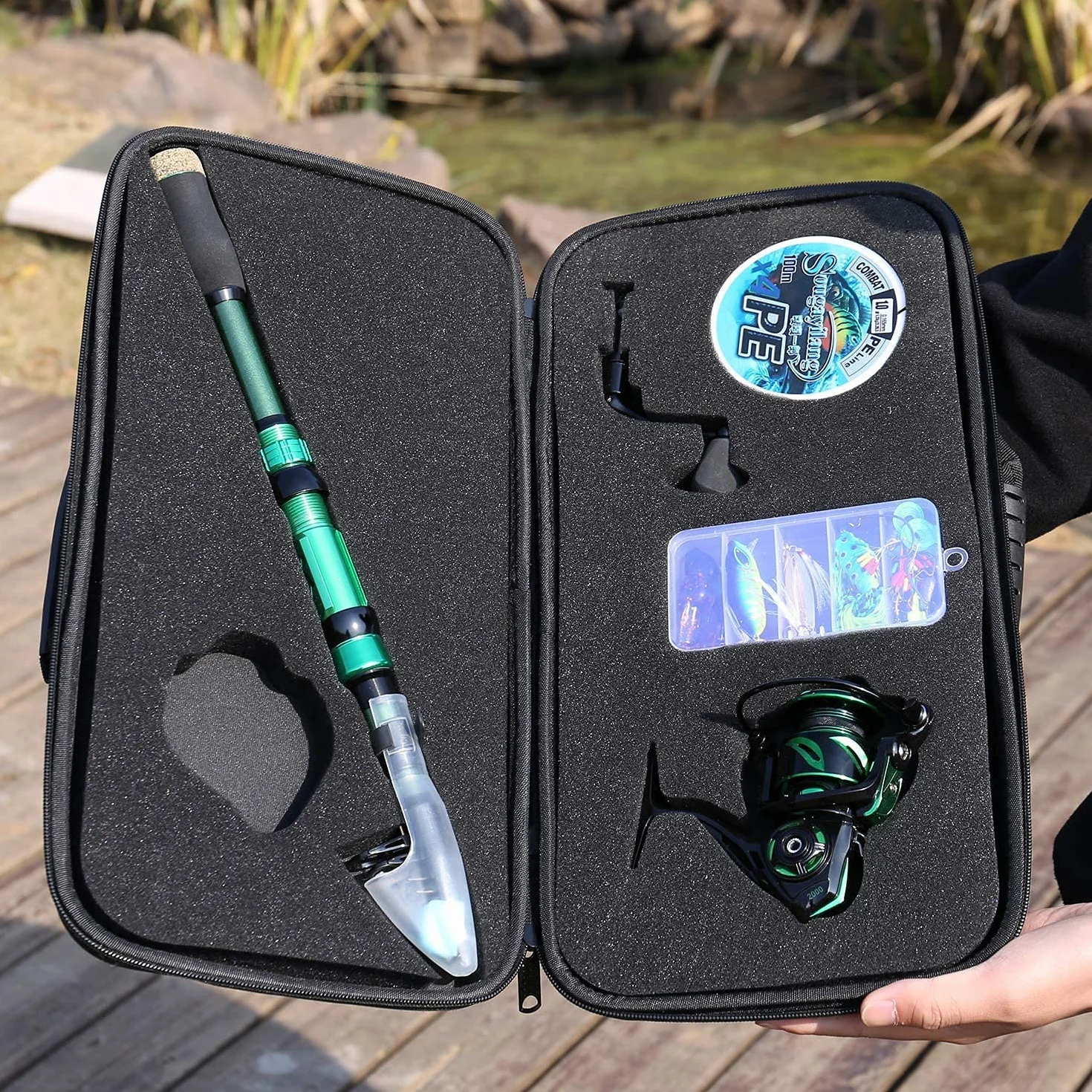 Sougayilang Caña de Pescar telescópica de Fibra de Carbono con Carrete Giratorio de 12 + 1BB, Carrete Giratorio con Bolsa de Transporte para Agua Salada y Agua Dulce