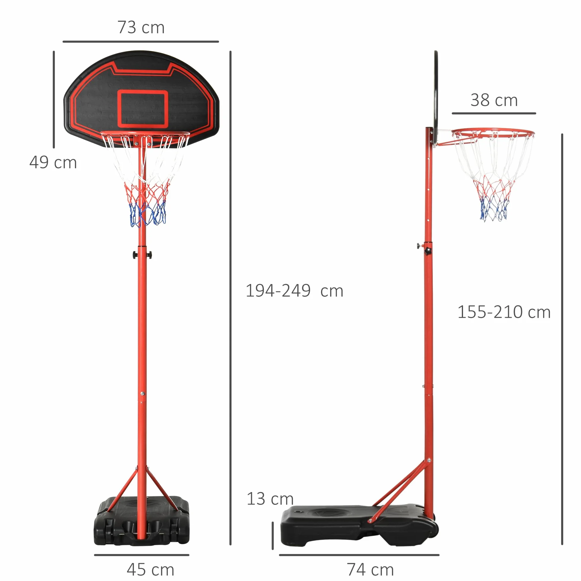 HOMCOM Canasta de Baloncesto con Altura Ajustable 194-249 cm, Aro Portátil con Ruedas, Base Rellenable, Negro