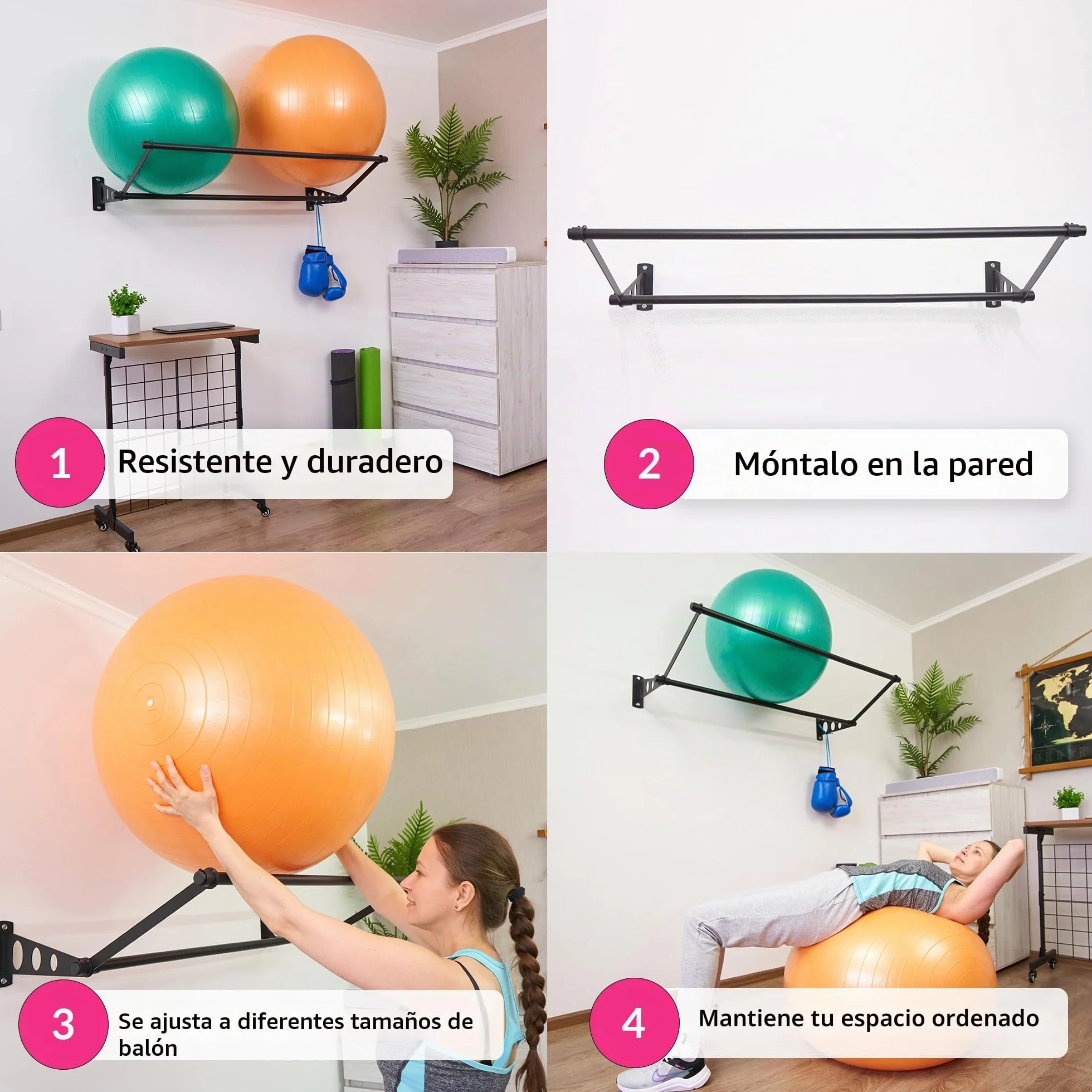 Soporte De Pared Para Pelotas De Ejercicio | Organice Su Espacio | Para Pelotas De Yoga, Pelotas De Fitness Y Pelotas De Estabilidad | Para Gimnasios, Estudios Y Gimnasios En Casa | Negro Mate