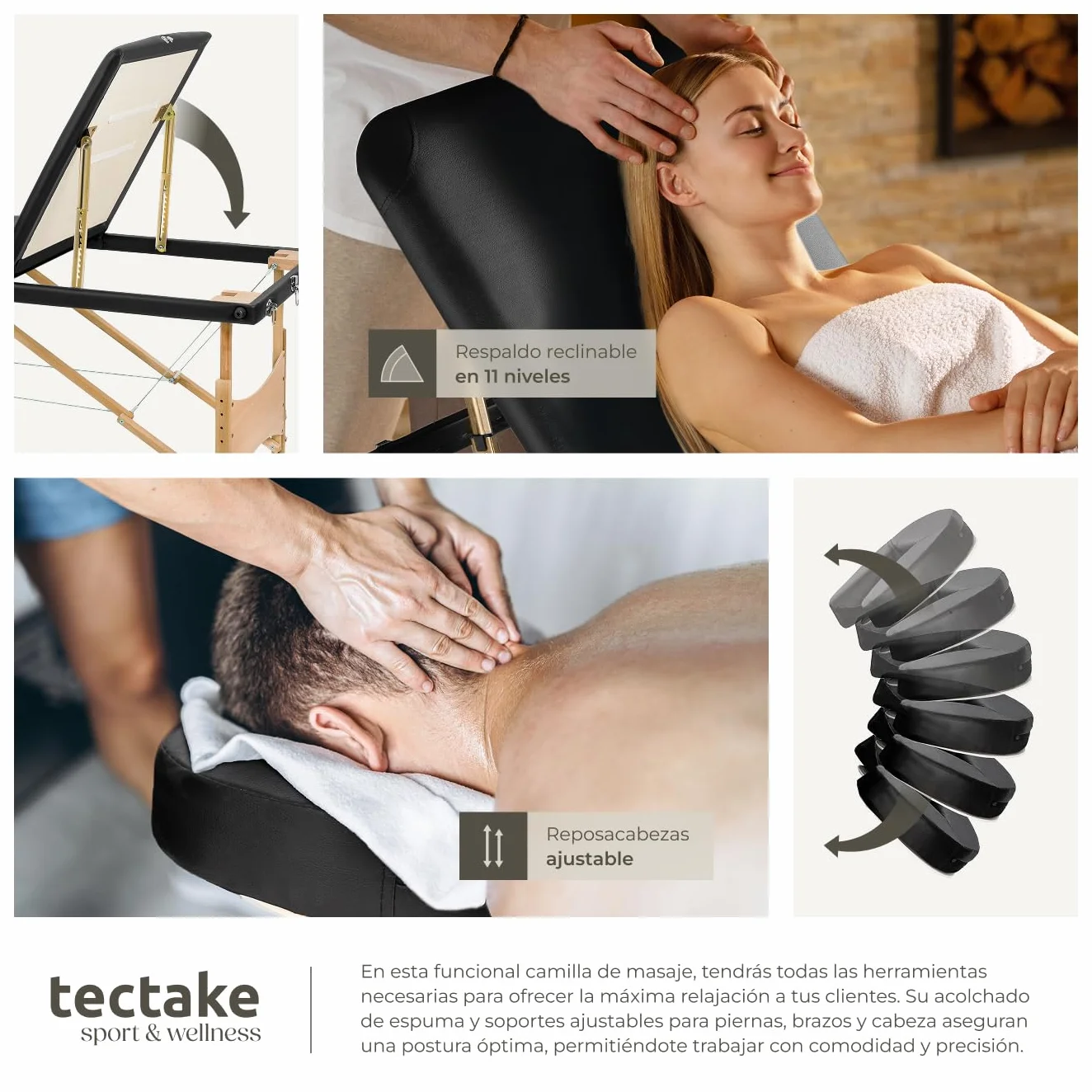 Tectake Camilla Masaje Plegable de Aluminio Profesional para Fisioterapia, Altura Ajustable, 3 Zonas, con Bolsa Transporte - Negro