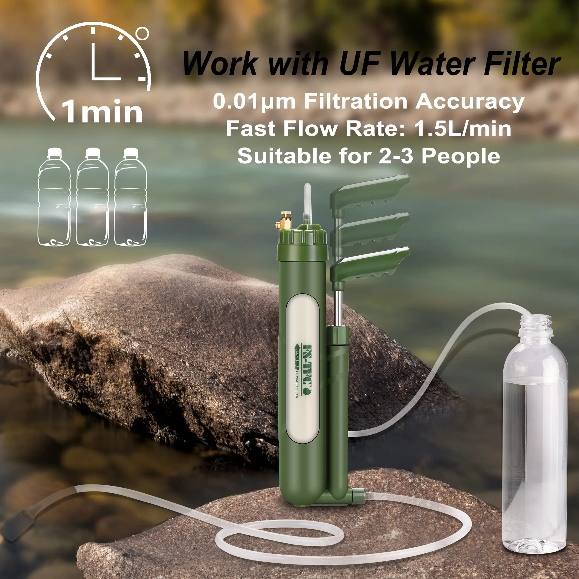 Filtro de agua portátil equipo de supervivencia de alta precisión y gran flujo, opcional, purificación de agua 2 en 1 para senderismo, camping, viajes y preparación para emergencias
