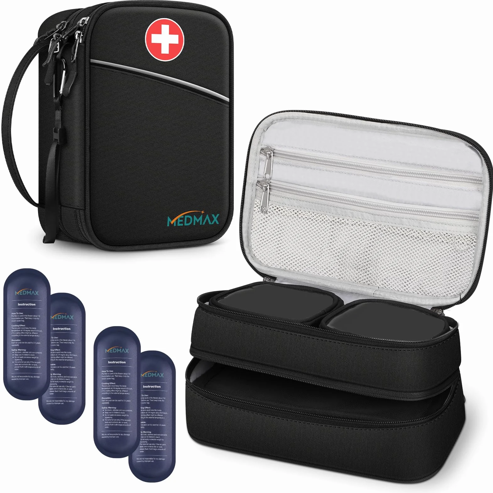 MEDMAX Enfriador Bolsa de Insulina 4 Paquetes de Hielo, Organizador de Medicamentos Aislado Estuche, Negro