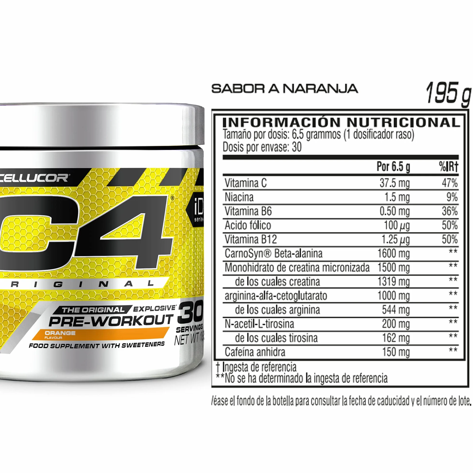 C4 Original Preentrenamiento en Polvo Naranja 150 mg Cafeína Beta Alanina Creatina 30 Raciones