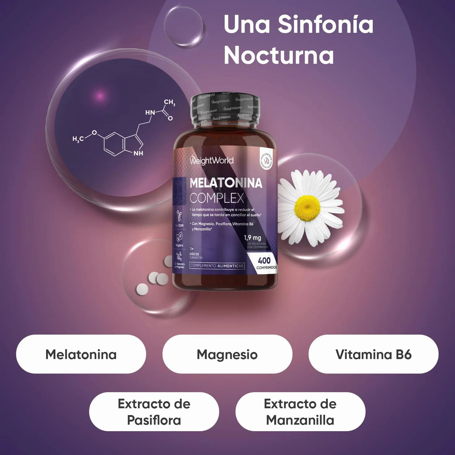 Melatonina 1,9 mg Complex con Magnesio, Vitamina B6, Pasiflora y Manzanilla 400 Comprimidos Liberación Prolongada Sin Gluten Vegano