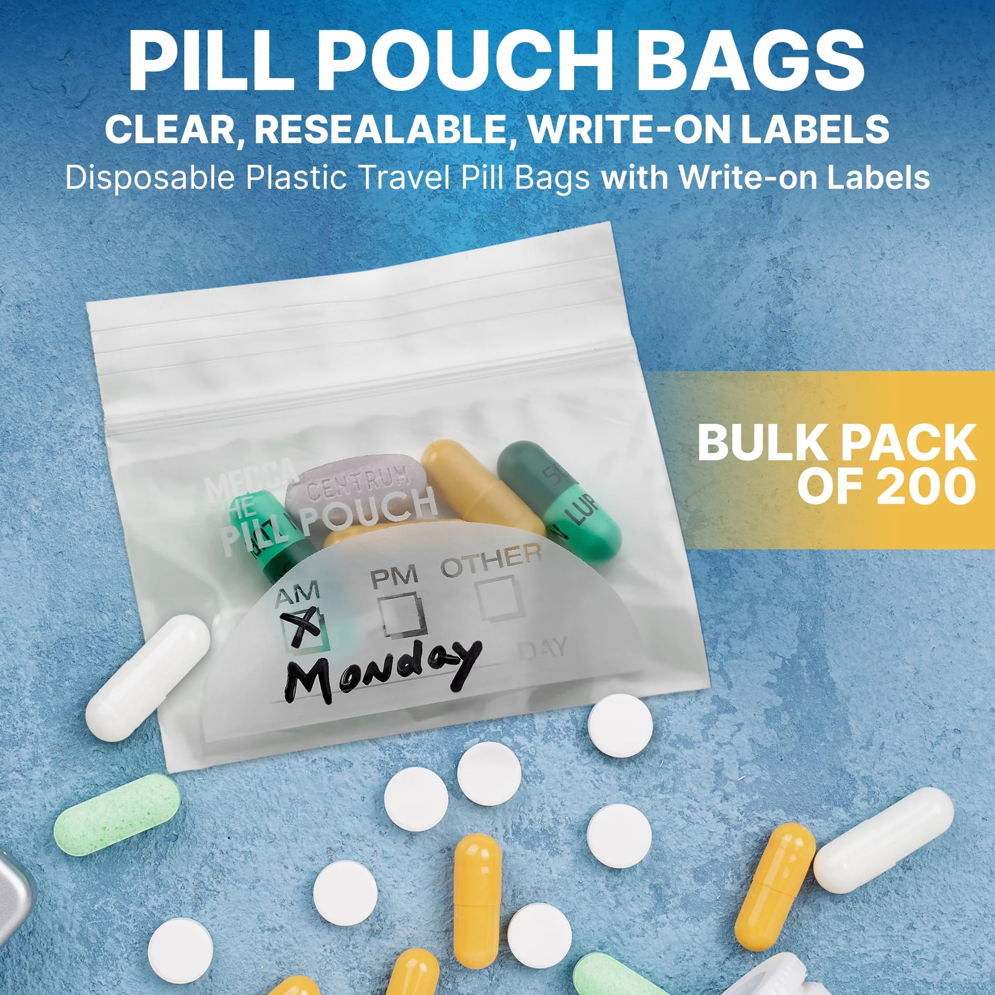Pastilleros Bolsas de 200 Paquete 3 x 2.75 Pulgadas sin BPA Polietileno Cremallera Organizador Diario Medicamentos AM PM Almacenamiento
