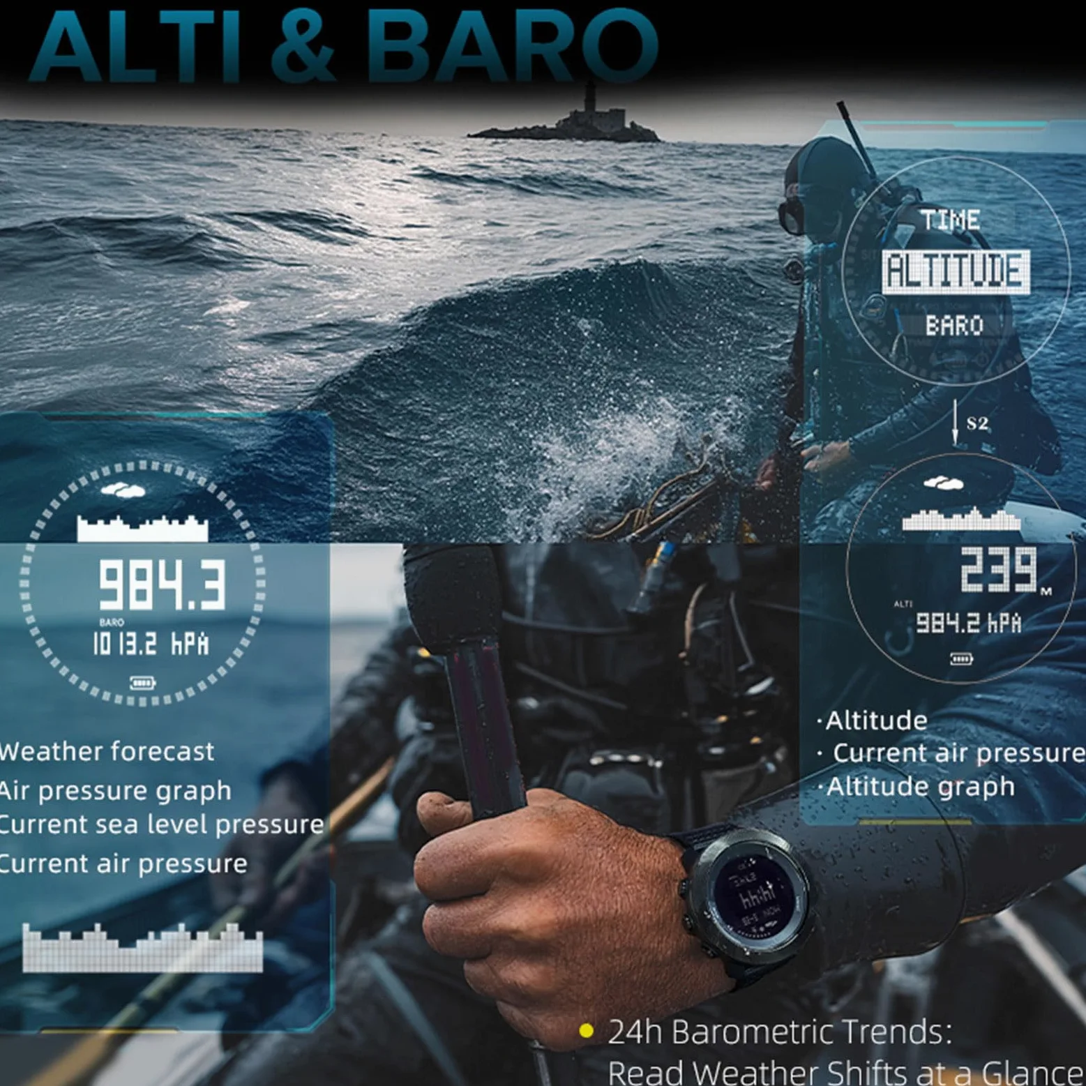 POENVFPO Reloj de Buceo Al Aire, Reloj Deportivo Digital con Retroiluminación LED y Brújula, Resistente Al Agua hasta 328 Pies para Buceo y Actividades Aire
