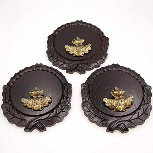 GTK - Juego de 3 placas de cuña talladas oscuras AF 16 cm con 3 hojas de roble, portada grande, tabla cuña, tabla de especias, placa de trofeos