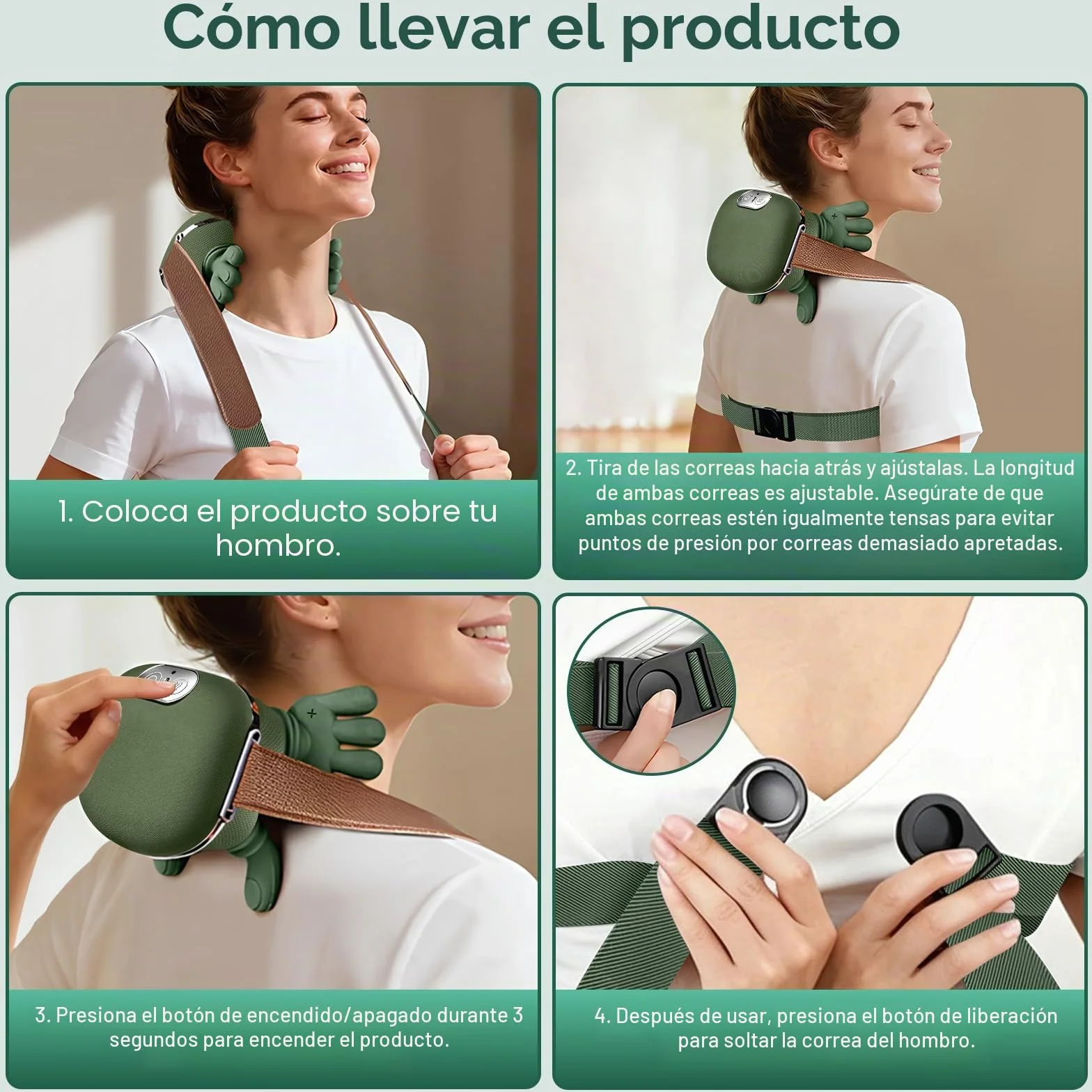 Masajeador Cervical 4D Sin Cables con Calor Calentador de Cuello 3 Niveles de Intensidad Recargable USB-C