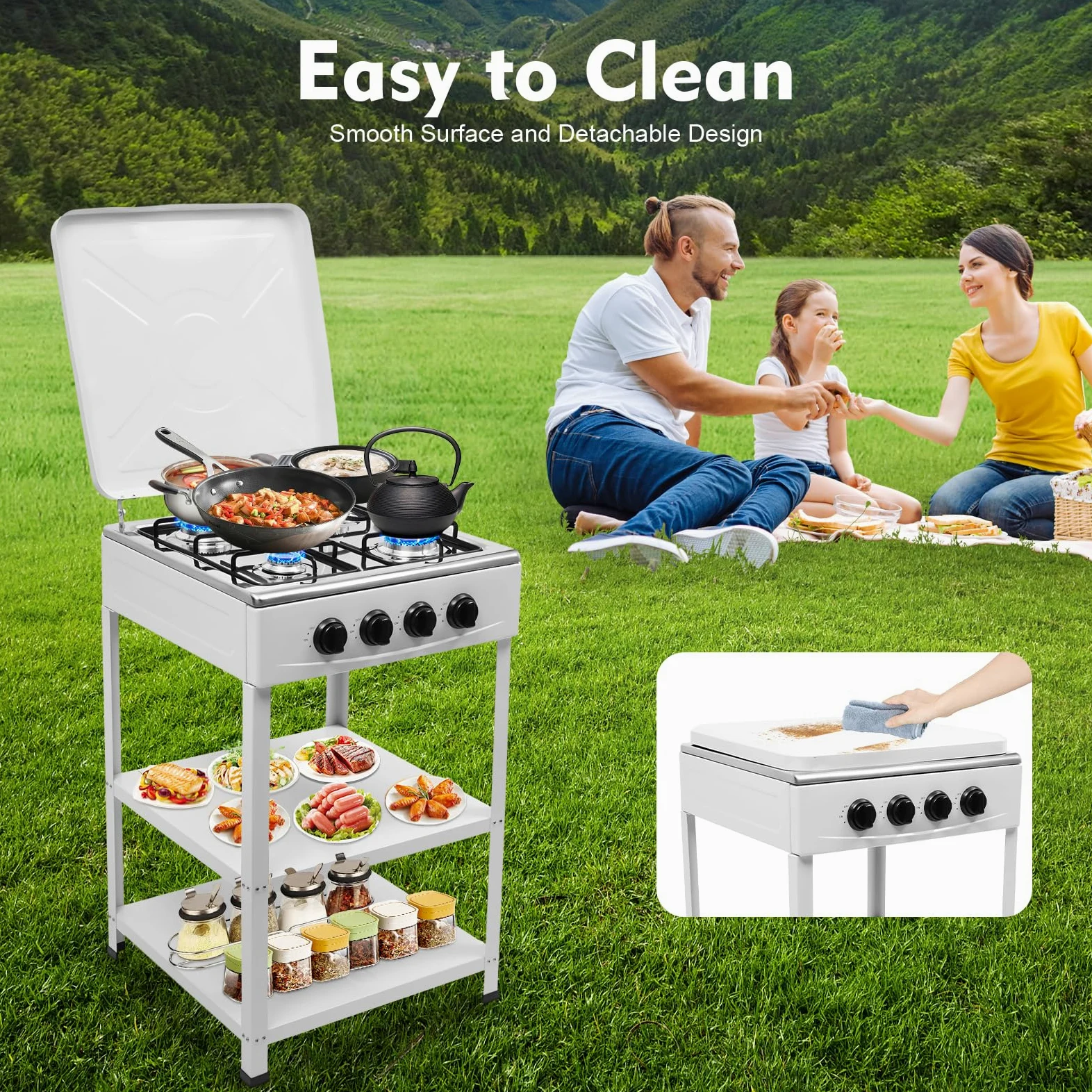 Hornillo de gas con 4 quemadores, hornillo de camping, quemadores de barbacoa portátil, cuatro botones independientes, almacenamiento de doble capa, fondo antideslizante, para camping, casa