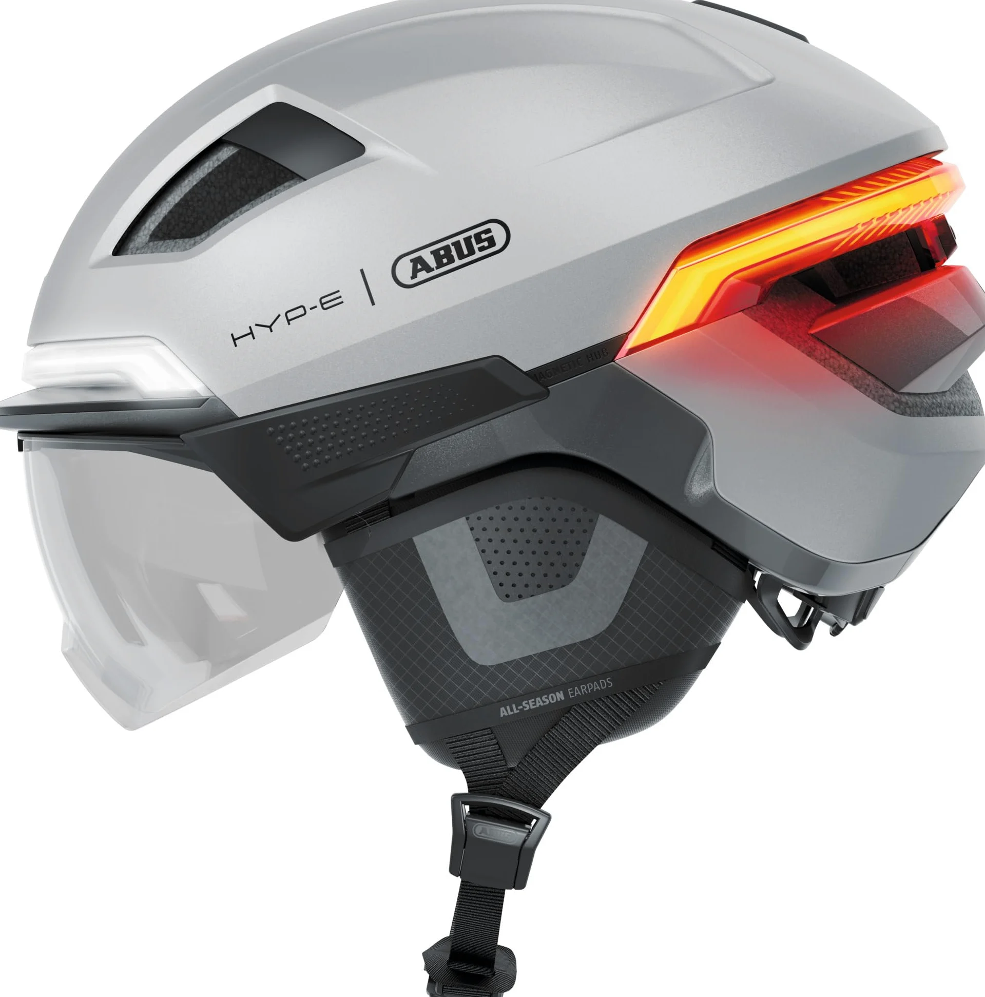 ABUS HYP-E B.Lace Bike Helmet - with Front, Rear and Indicator Light as Well as Wireless Brake Light Activation - with Visor and Earmuffs - for Bike, e-Bike and S-Pedelec - Size S, Grey