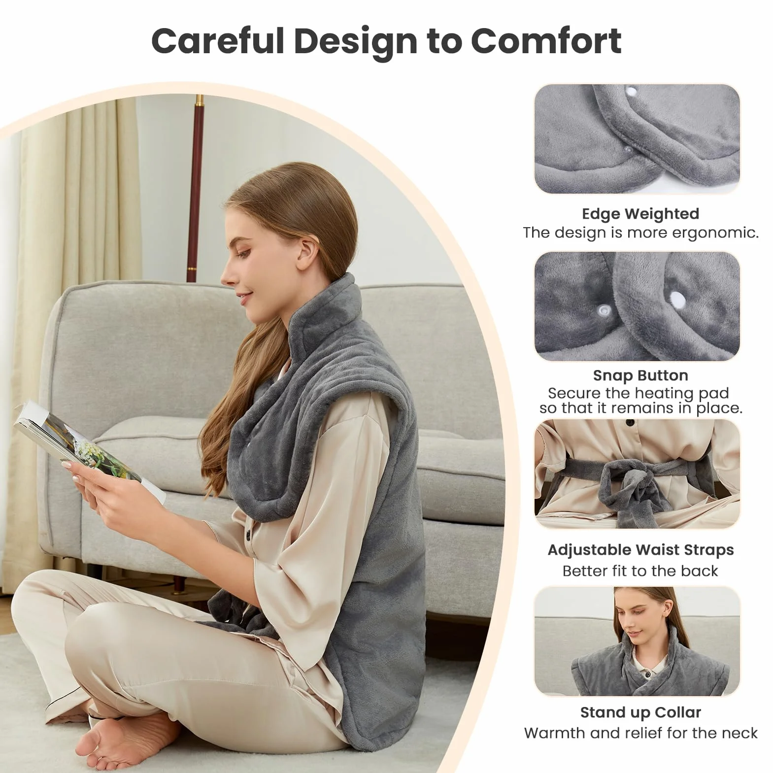 Uplayteck Almohadilla Térmica para Espalda y Cuello, 8 Niveles de Calor, 6 Ajustes de Temporizador, Apagado Automático y Calentamiento Rápido, Manta Eléctrica Lavable Franela (61×94cm)