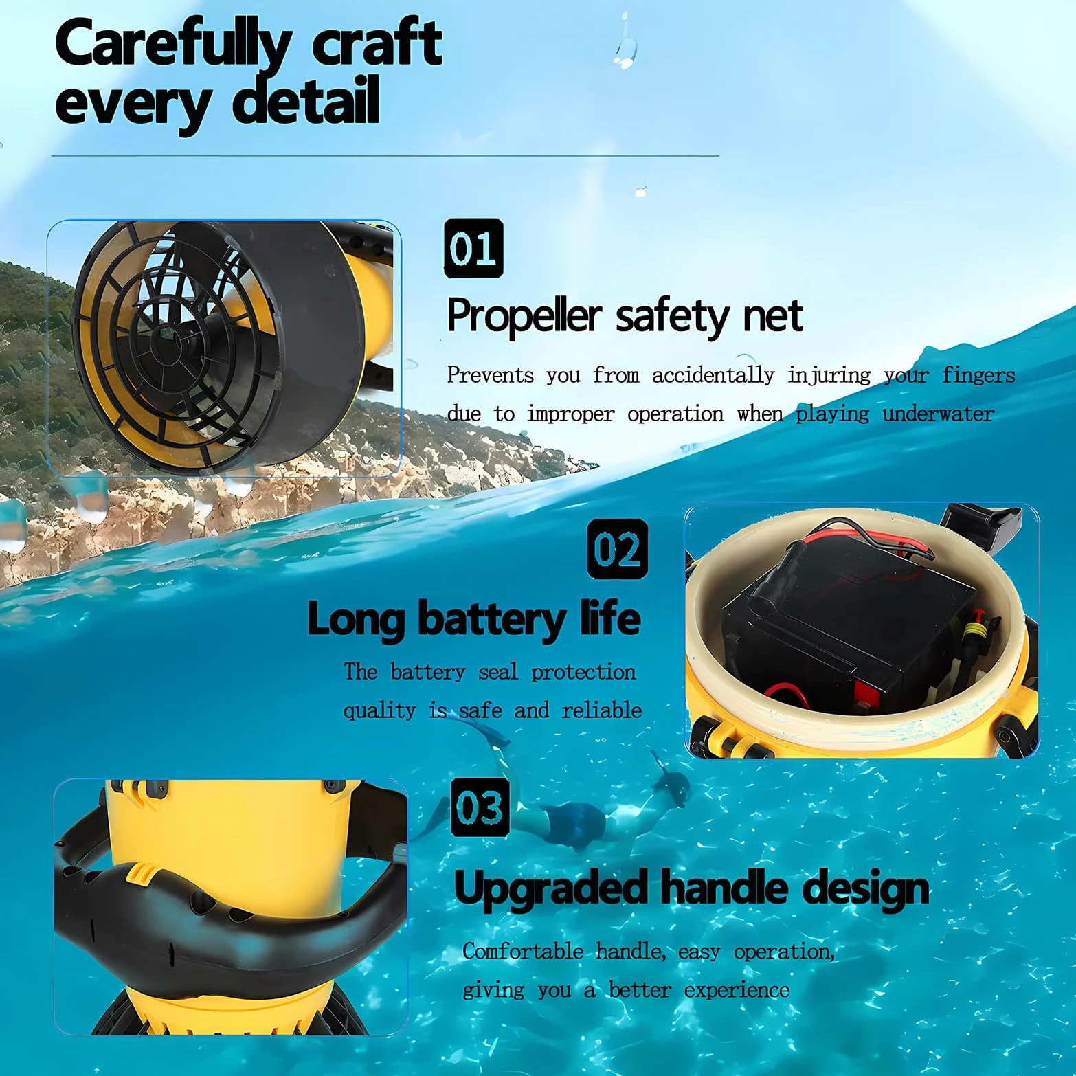 Sea Scooter - Impulsor de agua eléctrico para buceo, esnórquel, aventuras en la piscina, mango estable, batería de litio desmontable, motor sin escobillas