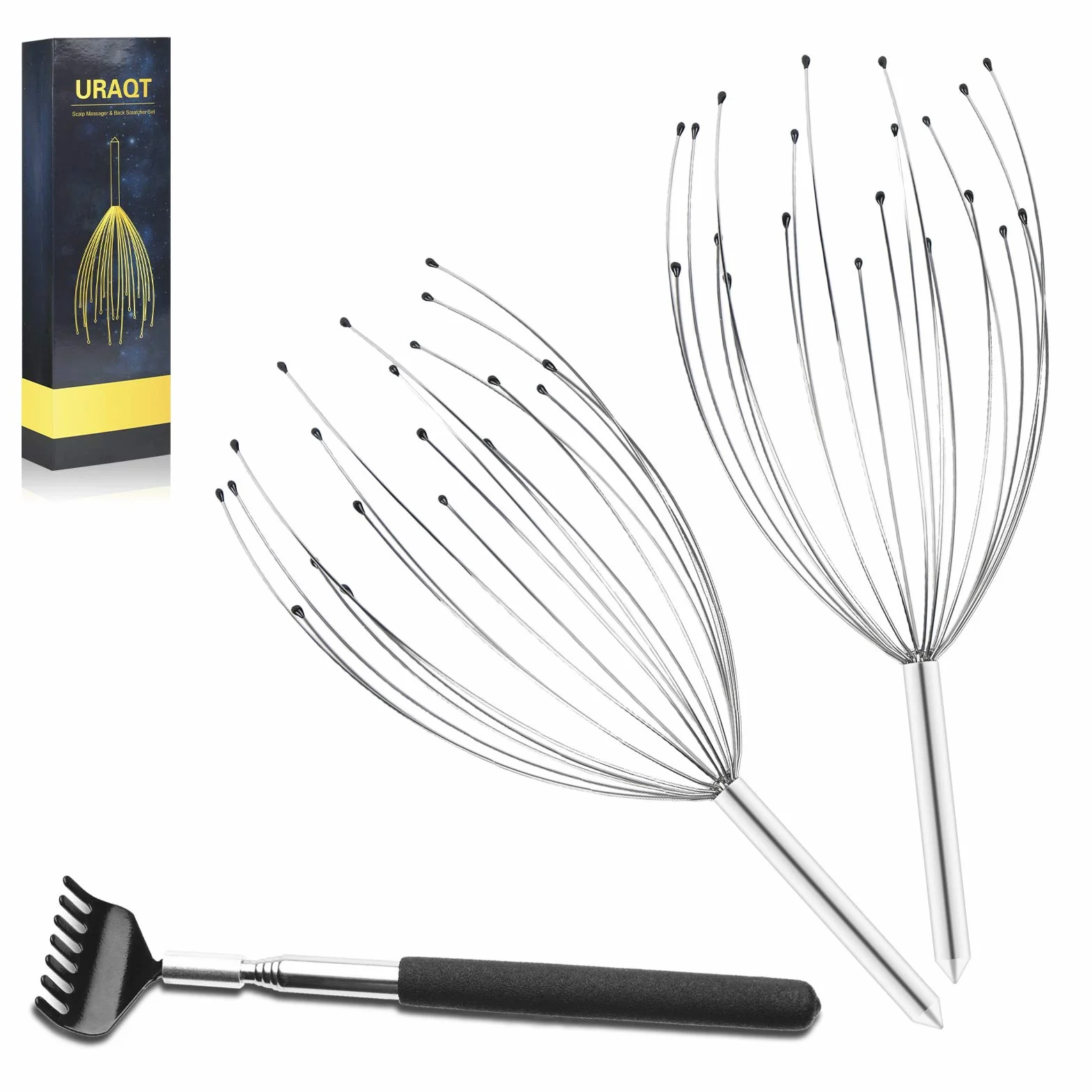 Kit de Masajeador de Cabeza y Espalda, 2+1 pack Masajeador de Cuero Cabelludo con Rascadores Telescópicos, Araña de Masaje con 20 dedos