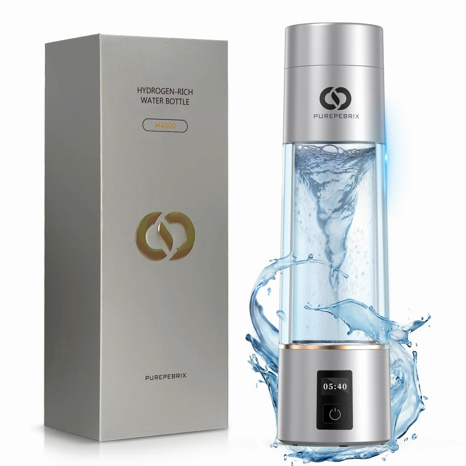 PUREPEBRIX Generador de botellas de agua de hidrógeno (plateado) - Hasta 6360 PPB - Generador H2 certificado - Tecnología SPE/PEM - - Sistema portátil de hidratación y rendimiento atlético