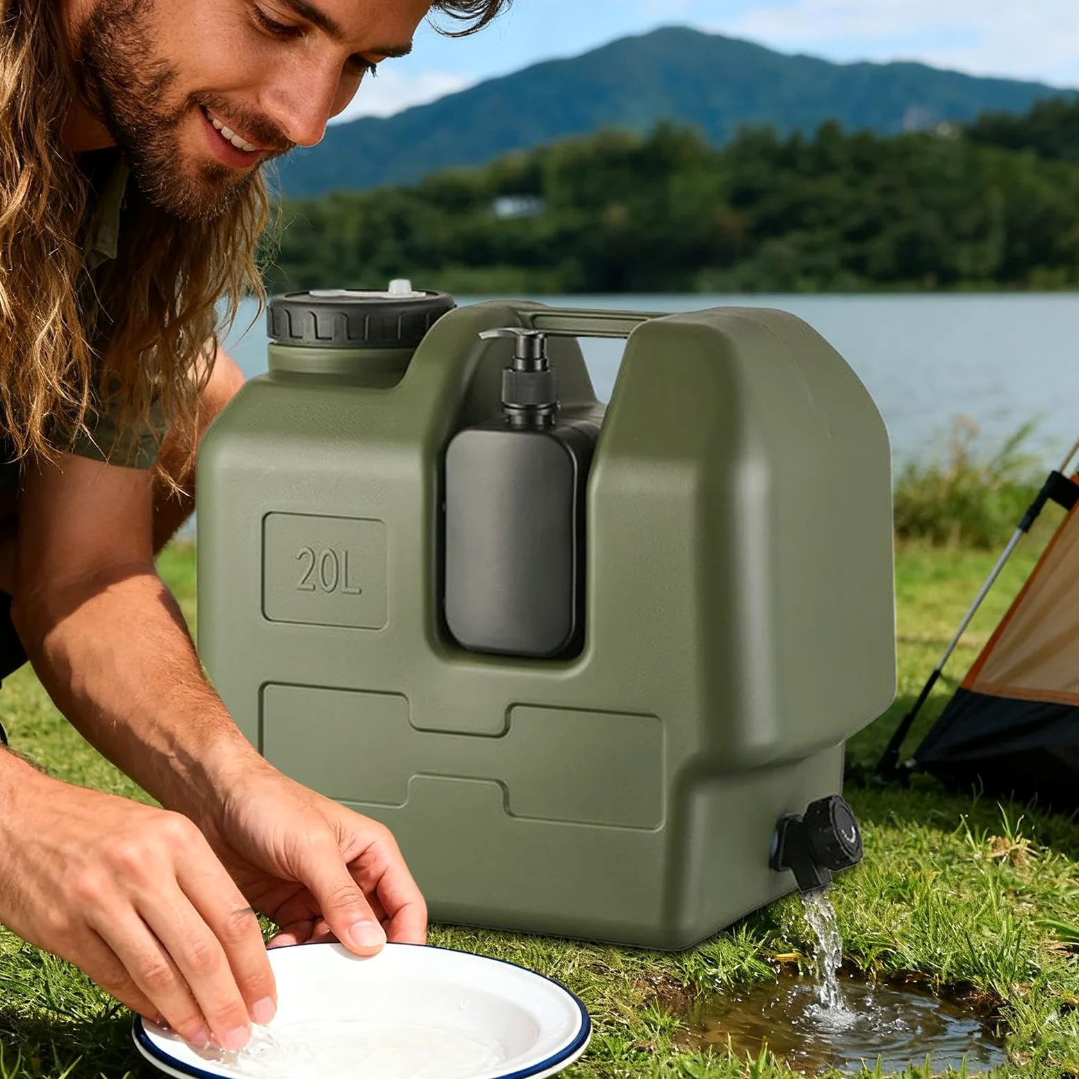 Contenedor de agua, jarra portátil de polietileno de alta densidad de 20 L, 34,5 x 23,5 x 35 cm, botella de jabón de manos incluida, ideal para senderismo, pesca, picnic, viajes, supervivencia o