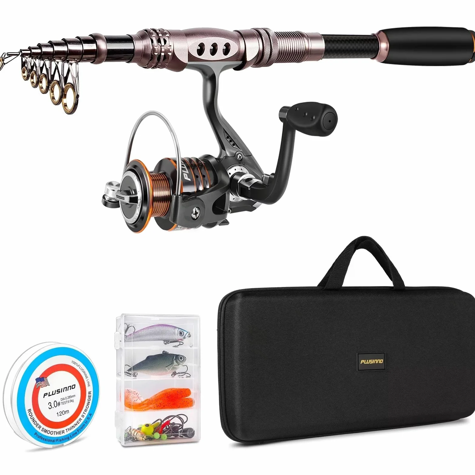 PLUSINNO - Combo de caña y Carrete de Pesca, caña telescópica de Fibra de Carbono con Carrete, Kit de caña de Pescar para mar y Agua Dulce