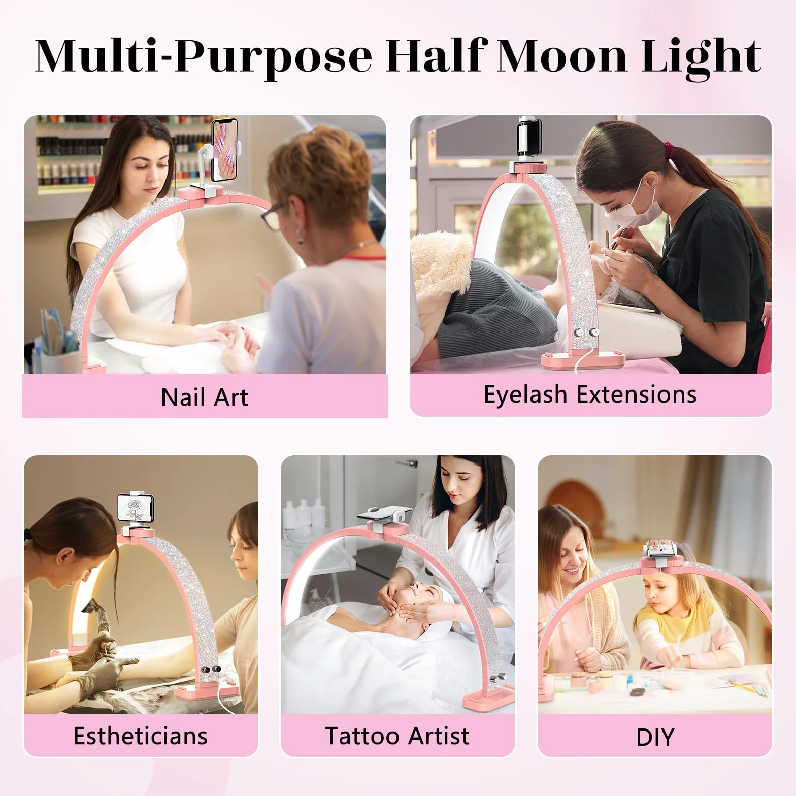 Media Luna Lámpara para Uñas 30" con Soporte 3 Modos Color 10 Niveles Brillo Ajustable Manicura Diamante Rosa