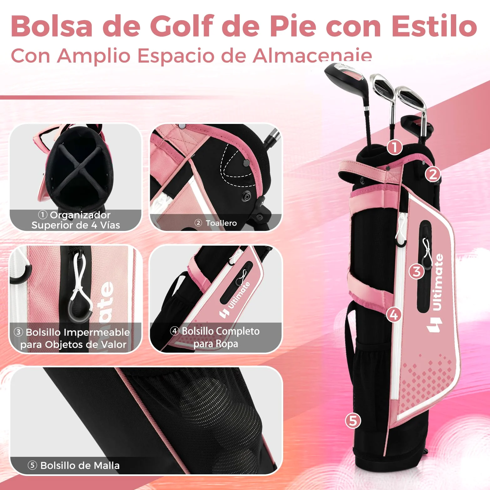 COSTWAY Juego de Palos de Golf para Niños de 8 a 10 Años, Incl. Bolsa de Soporte con Capucha para Lluvia, Driver n.º 1, Hierros y Putter n.º 7#S para Niños y Niñas, Diestros