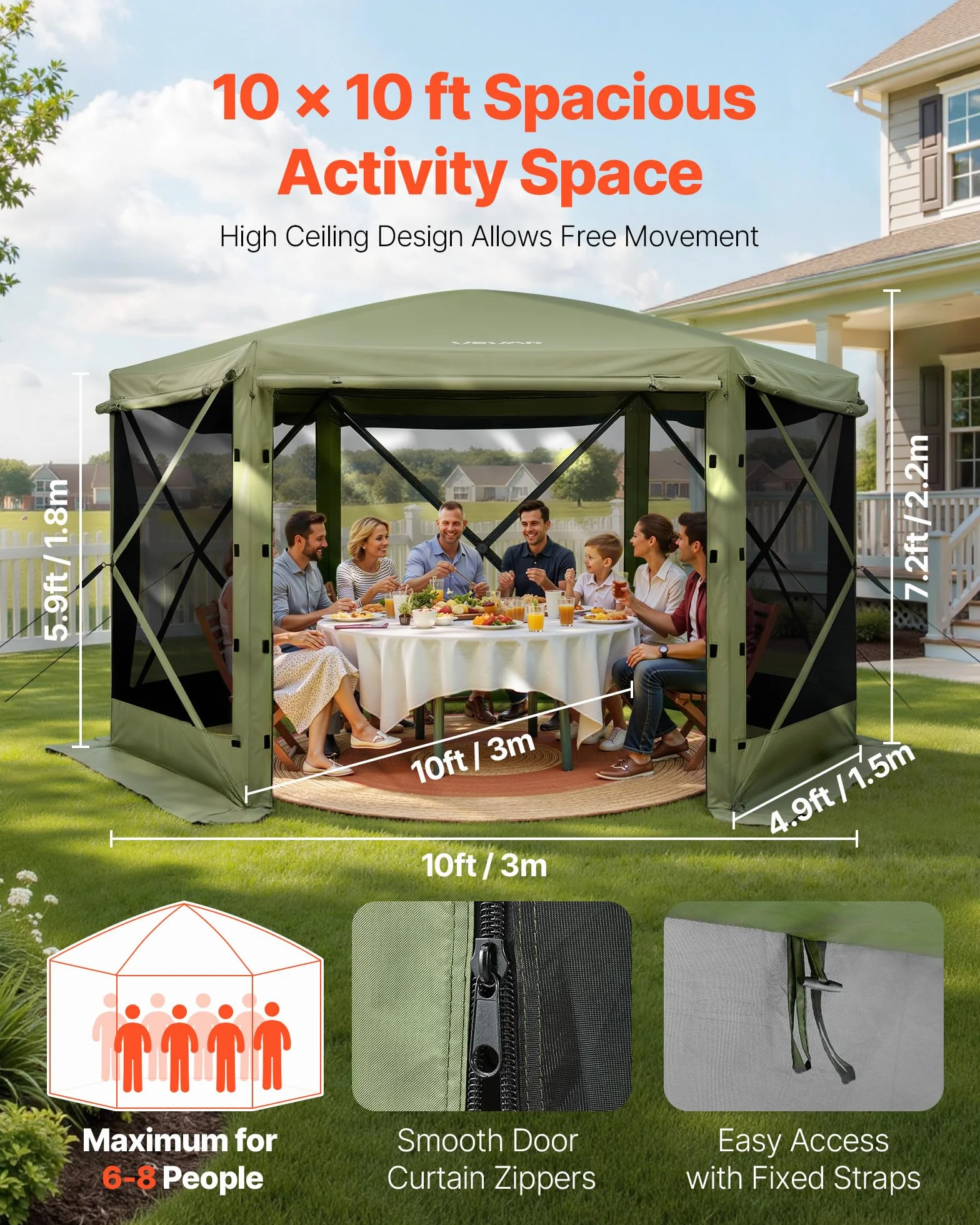 VEVOR Carpa Plegable de 6 Lados 3 x 3 m, Pérgola de Jardín con Techo Desmontable y Bolsa de Transporte, Carpa de Exterior para 6 a 8 Personas, para Fiesta, Camping, Playa, Patio, Jardín, Verde