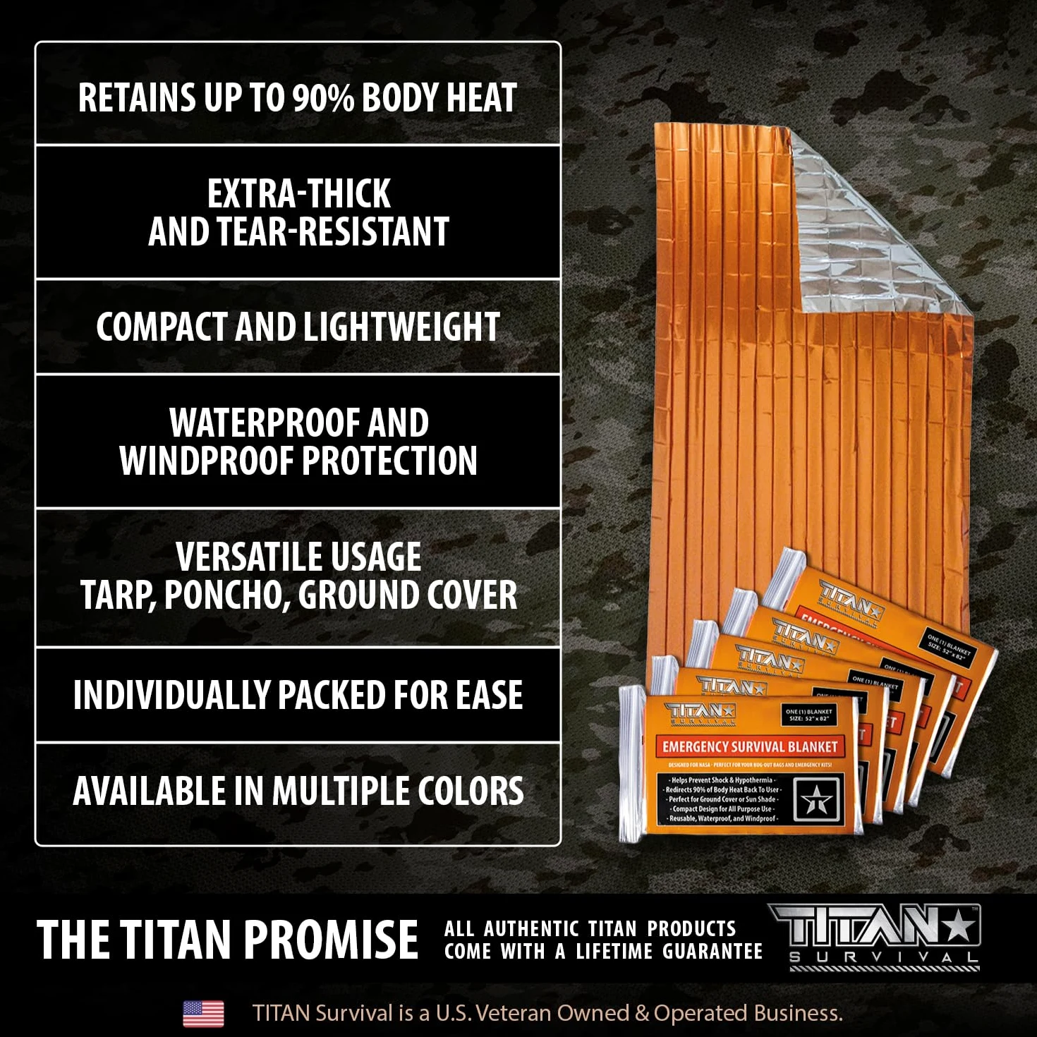 TITAN Survival Mylar - Paquete de 5 mantas de supervivencia de 70 x 90 pulgadas, XL, 90% de retención de calor y diseño impermeable, manta de emergencia, protección para clima frío y kits de