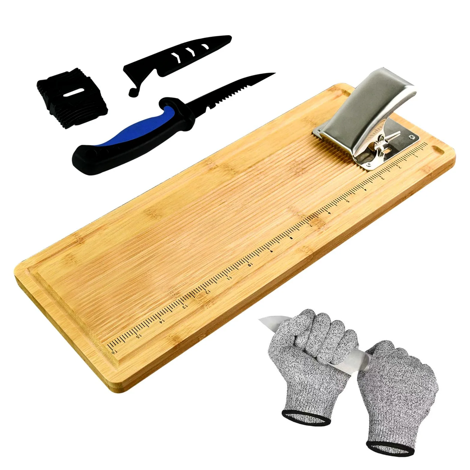 Tabla de cortar de limpieza de peces, kit de limpieza de peces, tabla de medición de pesca, tablas de filete de pescado con abrazadera y juego de cuchillos para filetear fácilmente