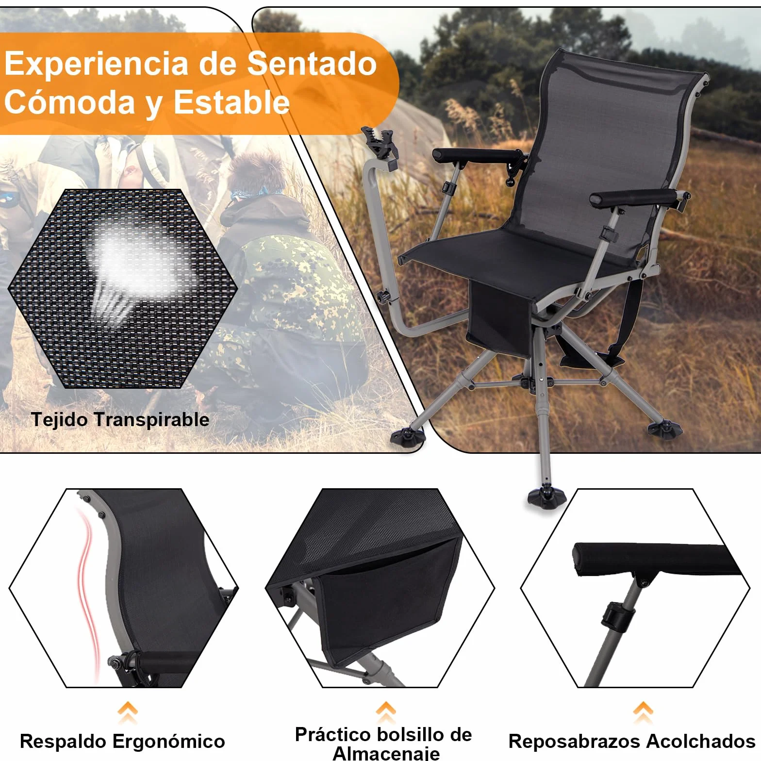 GOPLUS Silla de Caza Giratoria 360°, Silla Plegable con Patas Ajustables y Soporte para Arma, Respaldo Ergonómico y Reposabrazos Cómodos, Bolsillo de Almacenamiento, Sillas Silenciosa para Caza