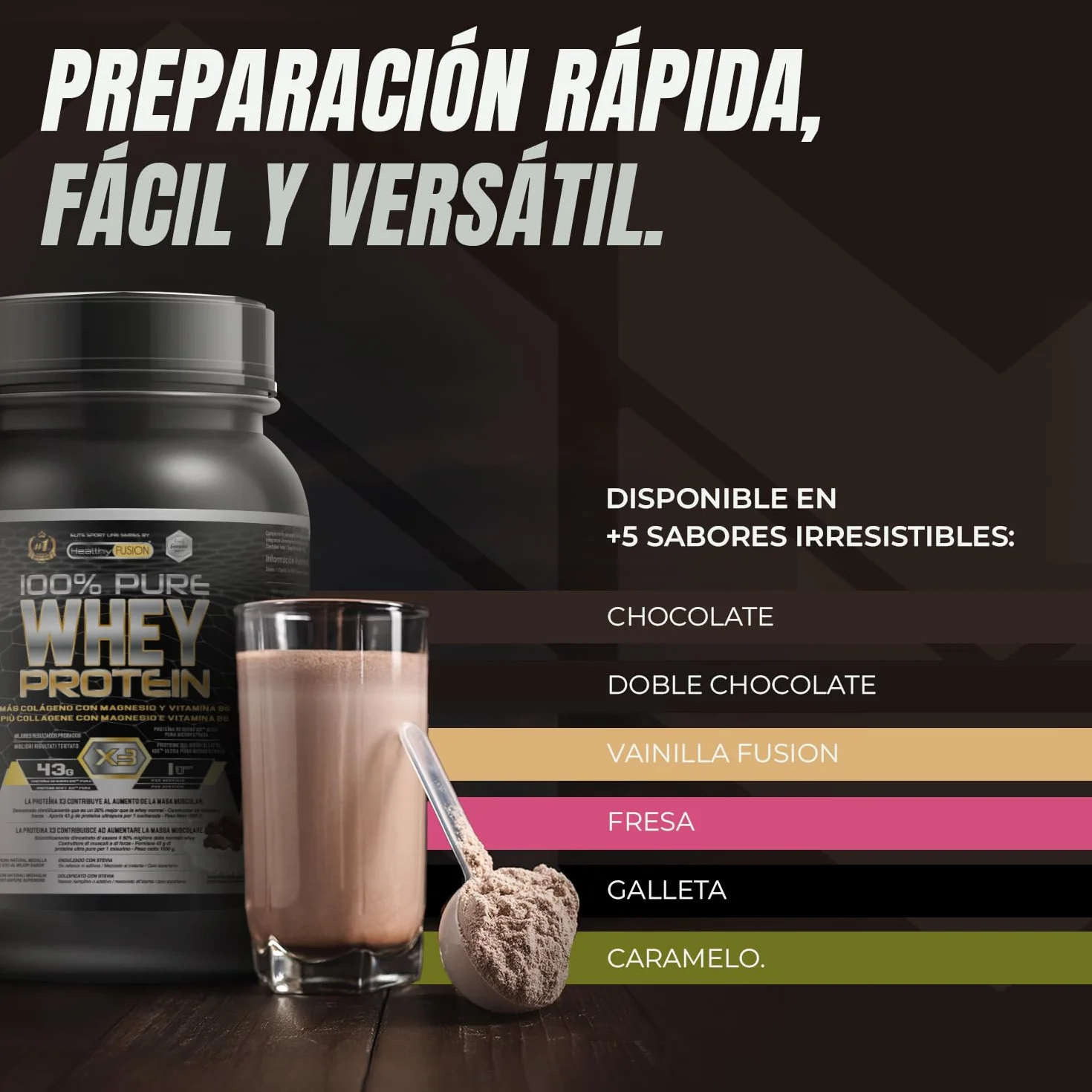 Healthy Fusion Whey Protein 1000g Proteína Whey Pura con Colágeno y Magnesio Chocolate