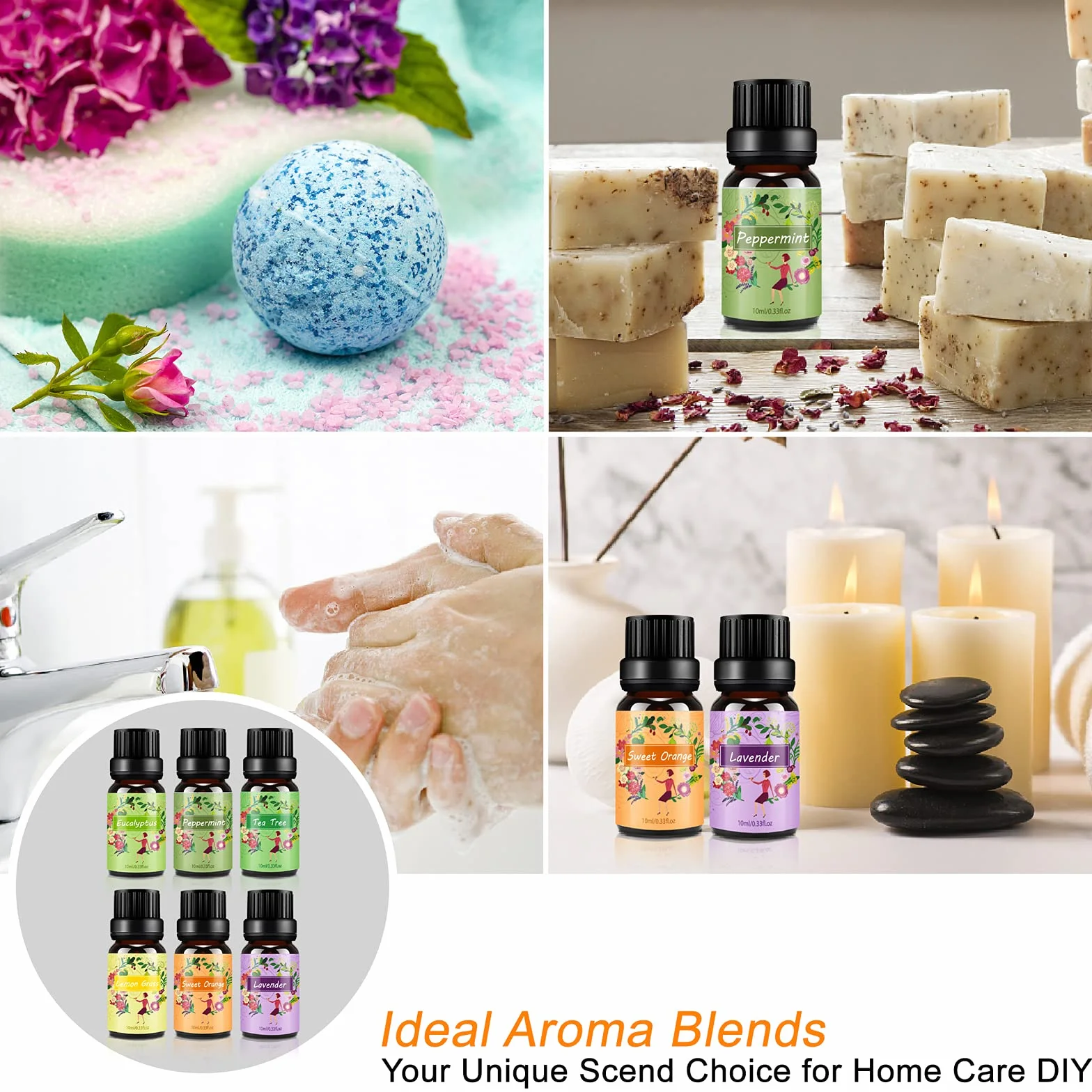 Set de Aceites Esenciales 100% Natural para Difusor, 6 x 10 ml, Aromaterapia