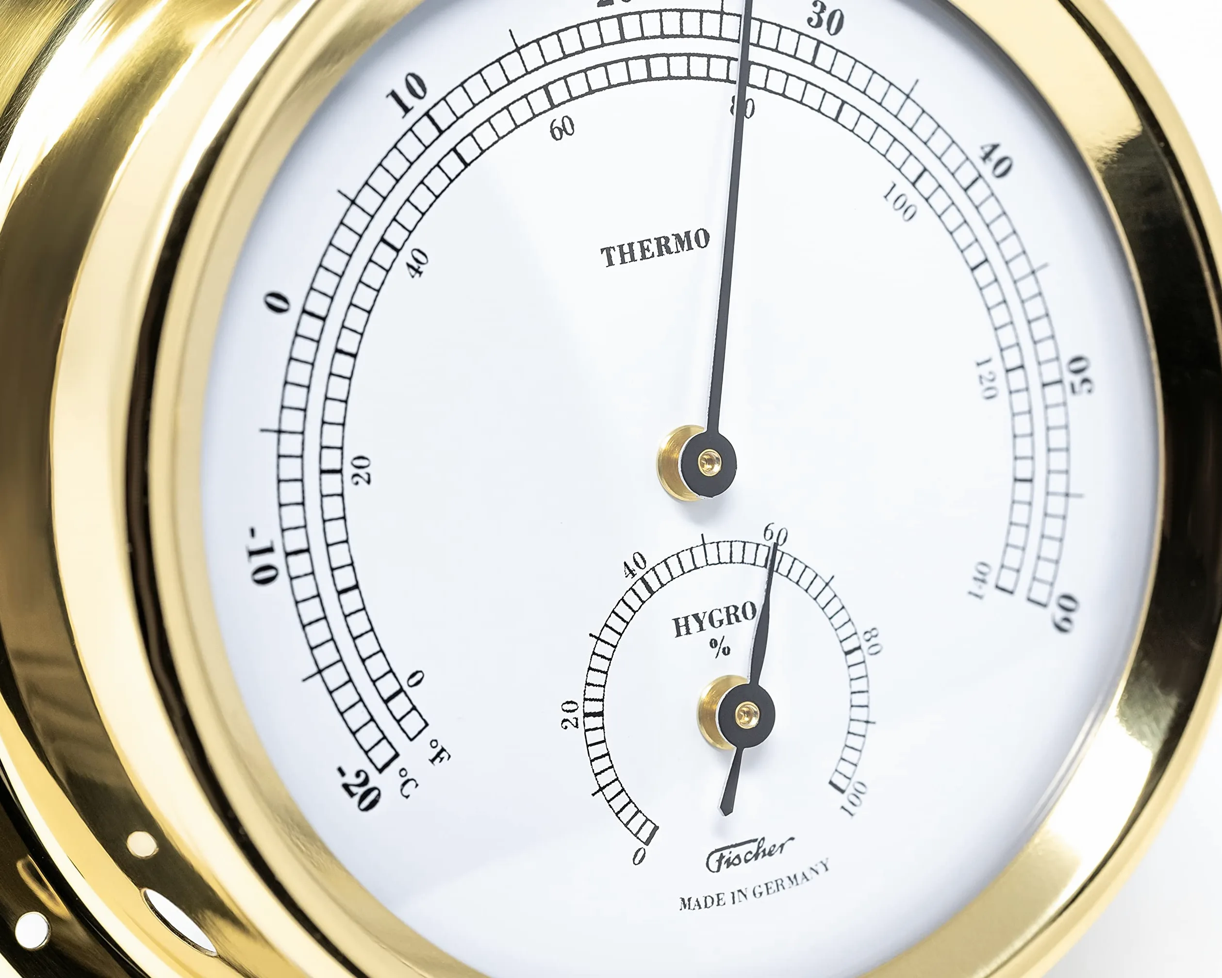 Fischer Thermo-Hygrometer, latón, 125 x 100 mm | Higrómetro y termómetro con carcasa de latón, 125 mm de diámetro, fabricado en Alemania