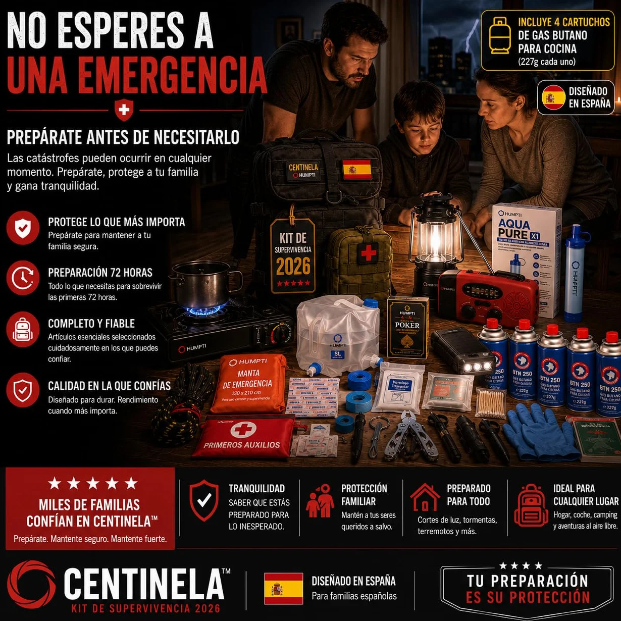 Kit de Supervivencia Completo UE 2026, Mochila Supervivencia 72 Horas Equipada con Camping Gas Portatil, Kit Supervivencia Catastrofe, Botiquín Táctico con Radio Sola, Alicates, Tijeras y Silbato