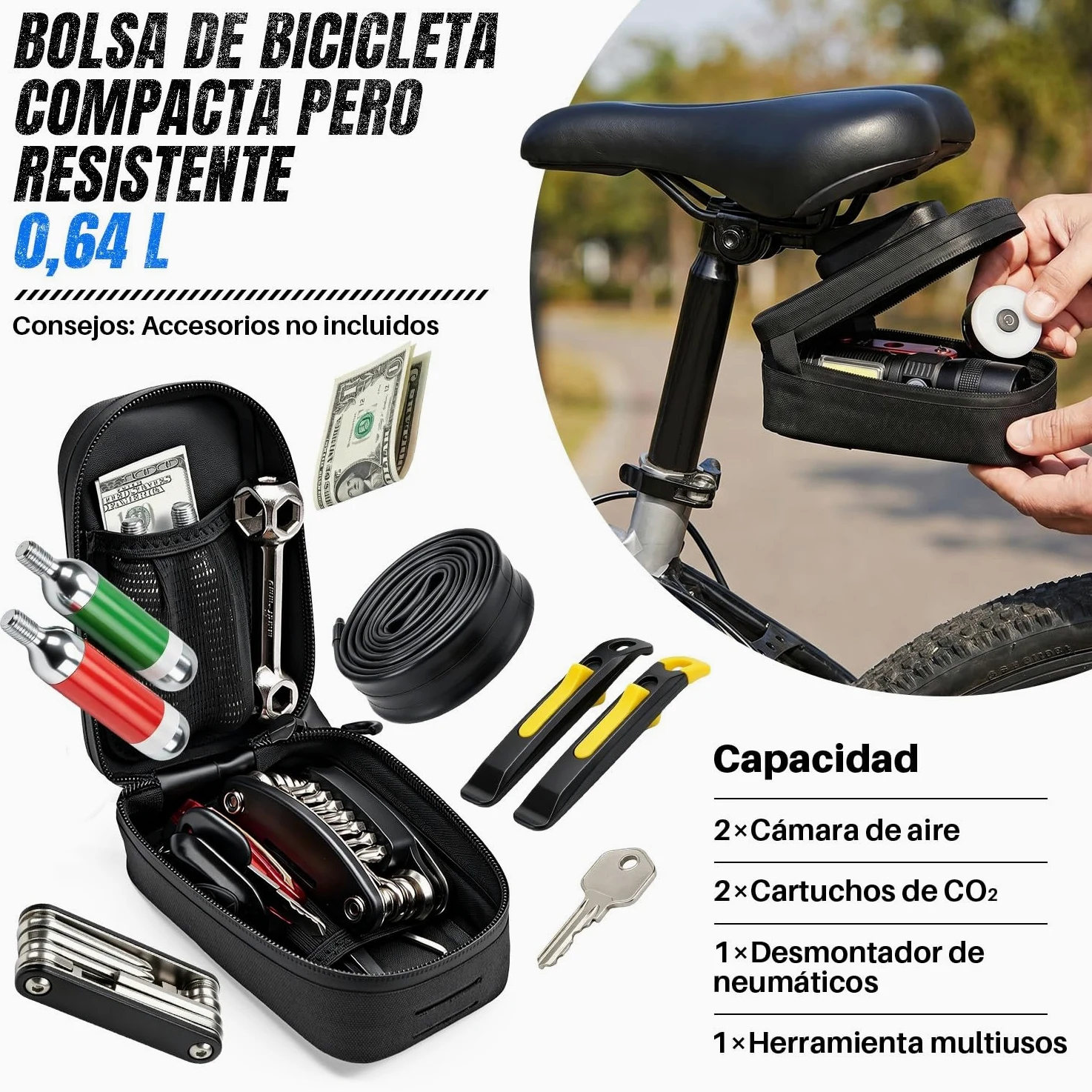 WOTOW Bolsa de Sillín para Bicicleta - Bolsa Bajo Asiento Impermeable de 0,64 L con Cremallera, Hebilla Magnética de Liberación Rápida y Soportes de Montaje para Bicicletas de Carretera y Montaña