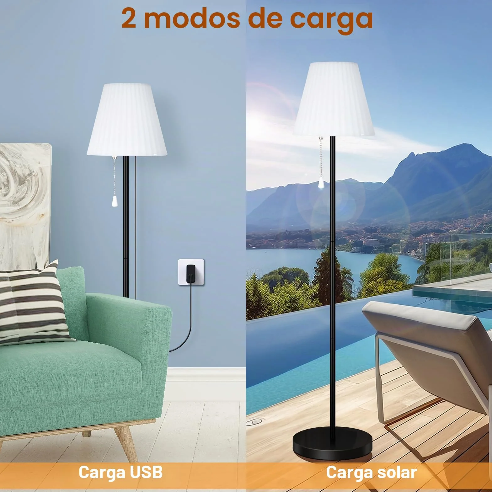 Lámpara de pie solar exterior IP65 resistente al agua USB recargable brillo regulable blanco cálido RGB inalámbrica terraza