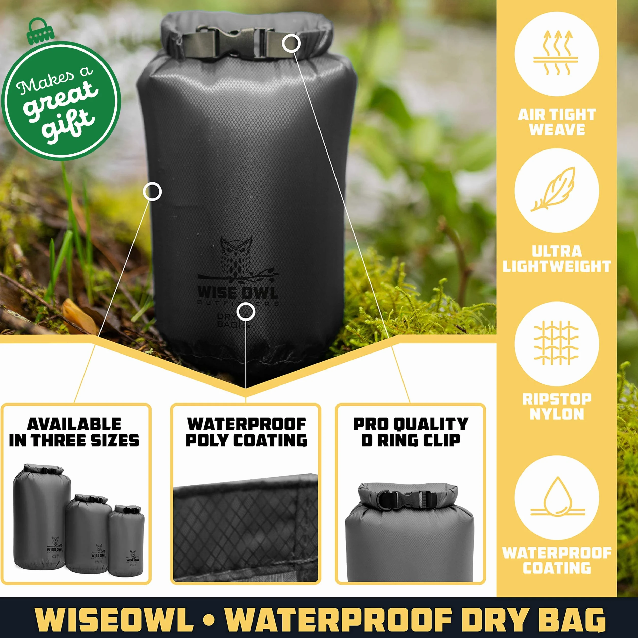 Wise Owl Outfitters Paquete de 3 bolsas impermeables ligeras y herméticas de 5L/10L/20L, bolsas secas pequeñas y grandes para kayak, playa, viajes, canotaje, senderismo