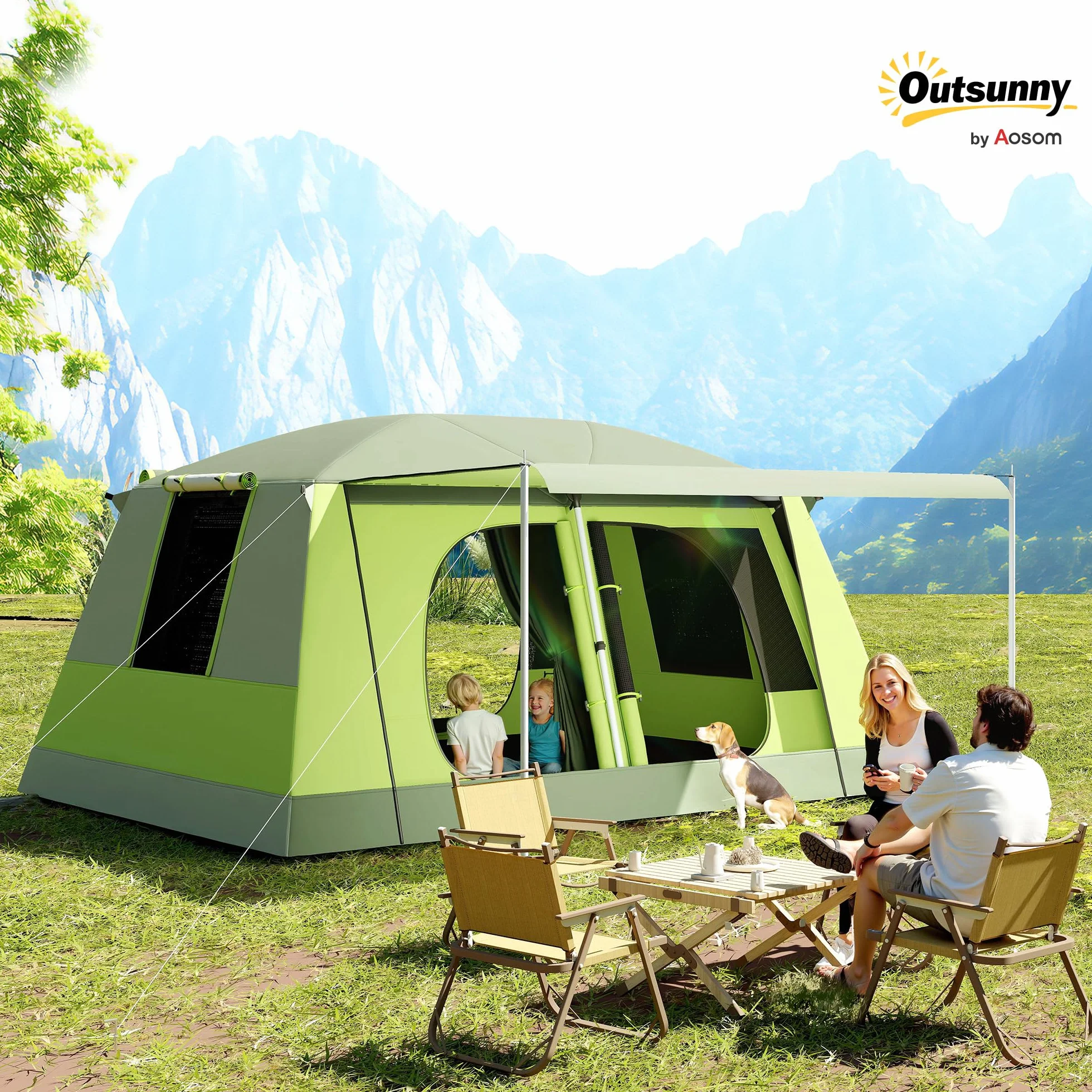 Outsunny Tienda de Campaña Familiar para 4-8 Personas Tienda de Camping Impermeable 2000 mm Tienda de Acampada con Mosquitera Gancho y Bolsa de Transporte Anti-UV 405x305x225 cm Verde