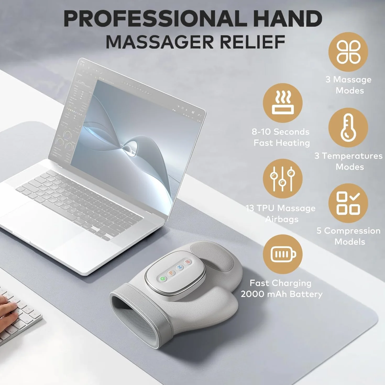 Masajeador eléctrico Shiatsu de manos inteligente con compresión de calor, 3 modos para artritis y túnel carpiano